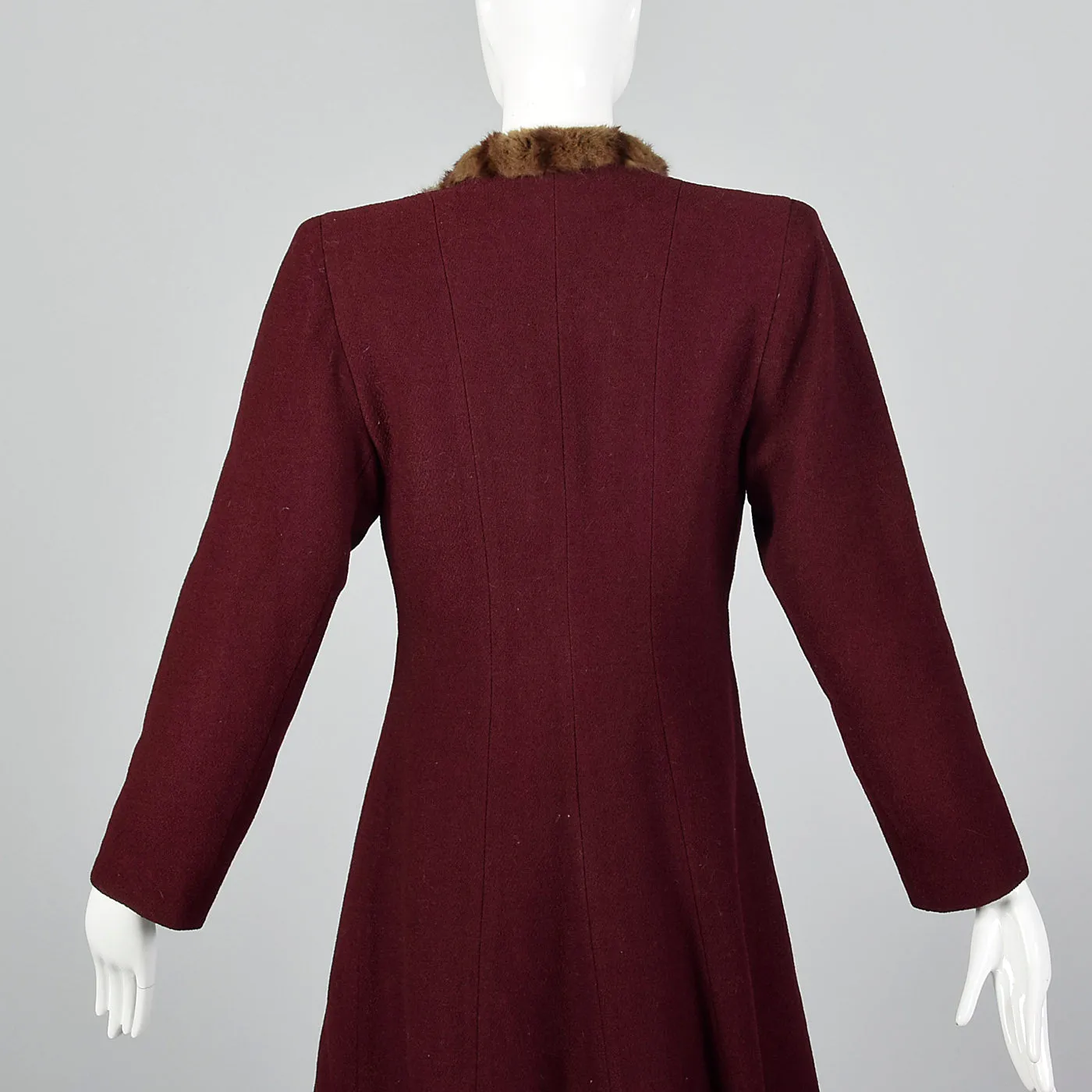 1940s Burgundy Wool Coat with Fur Trim