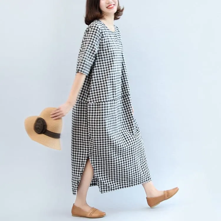 2021 black white plaid cotton dresses baggy loose half sleeve maxi dress side open