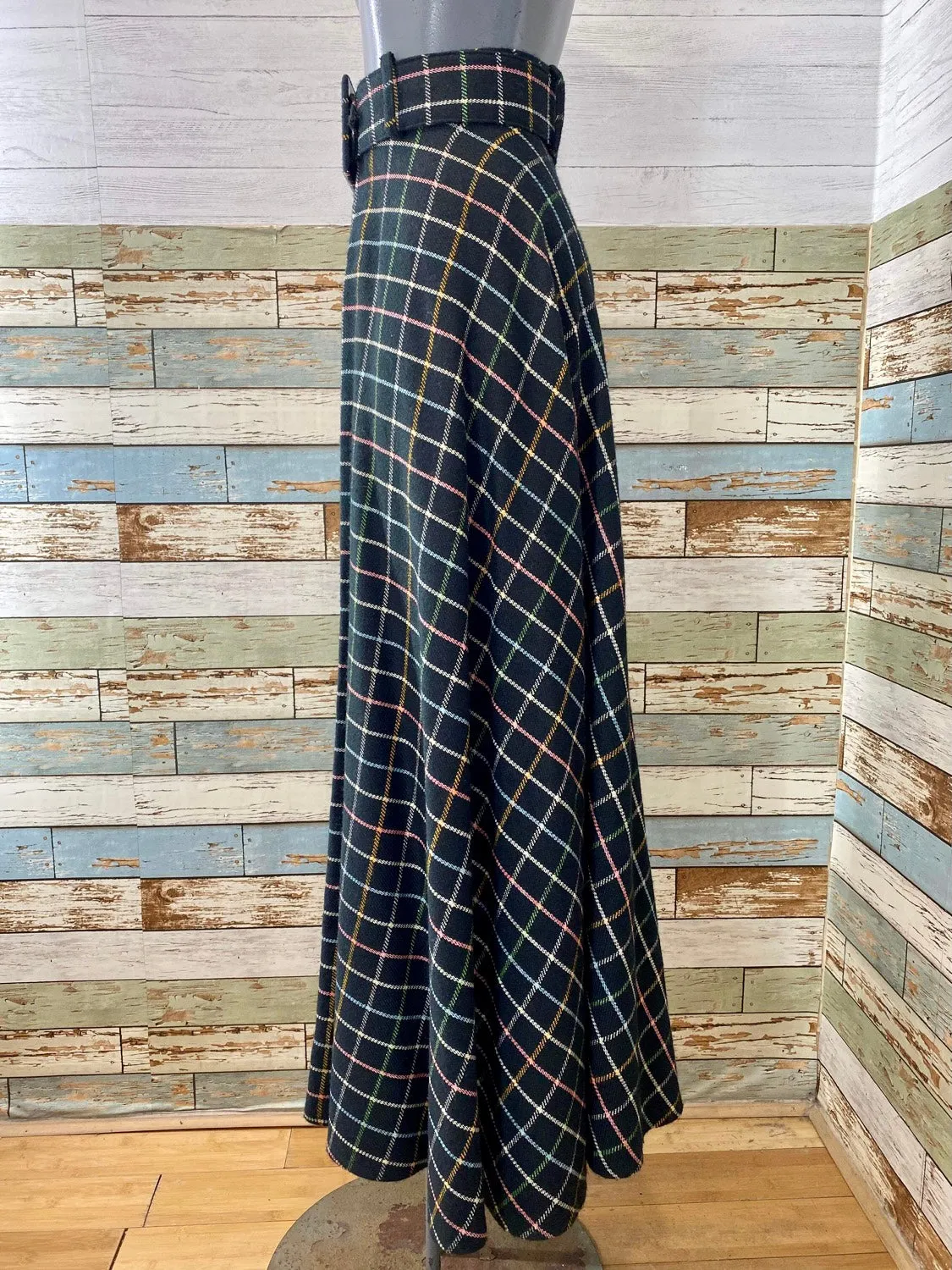 70s Black And Multicolor Plaid A-line Maxi Skirt