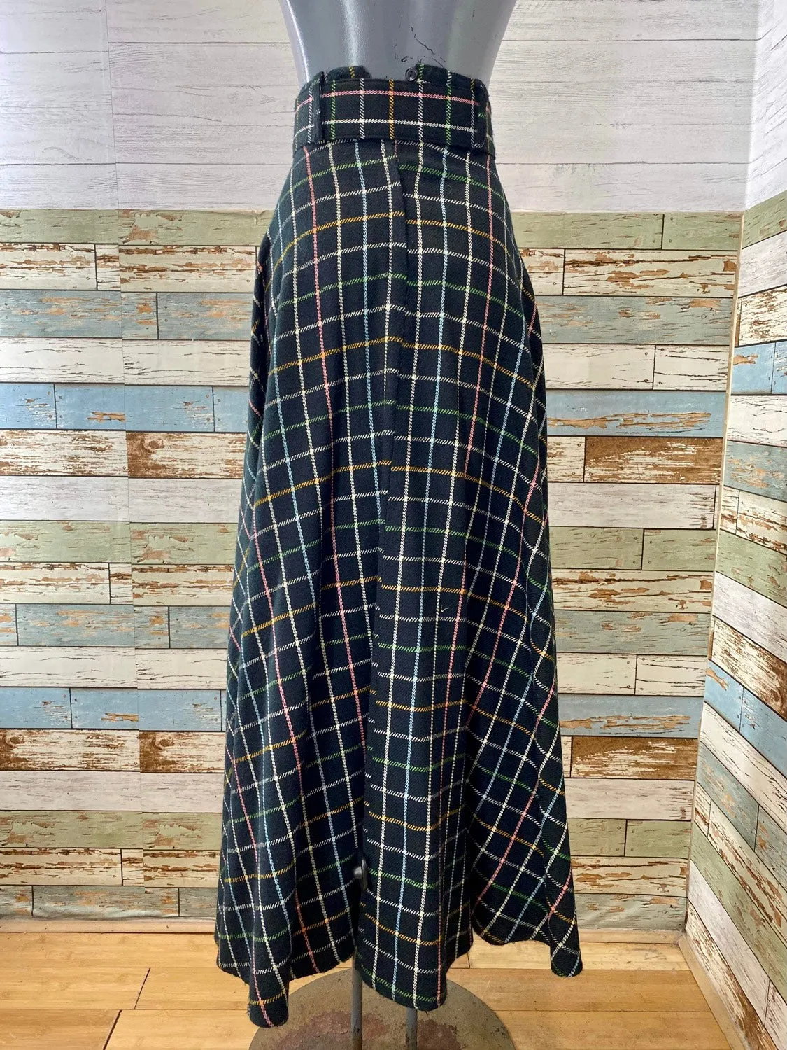 70s Black And Multicolor Plaid A-line Maxi Skirt