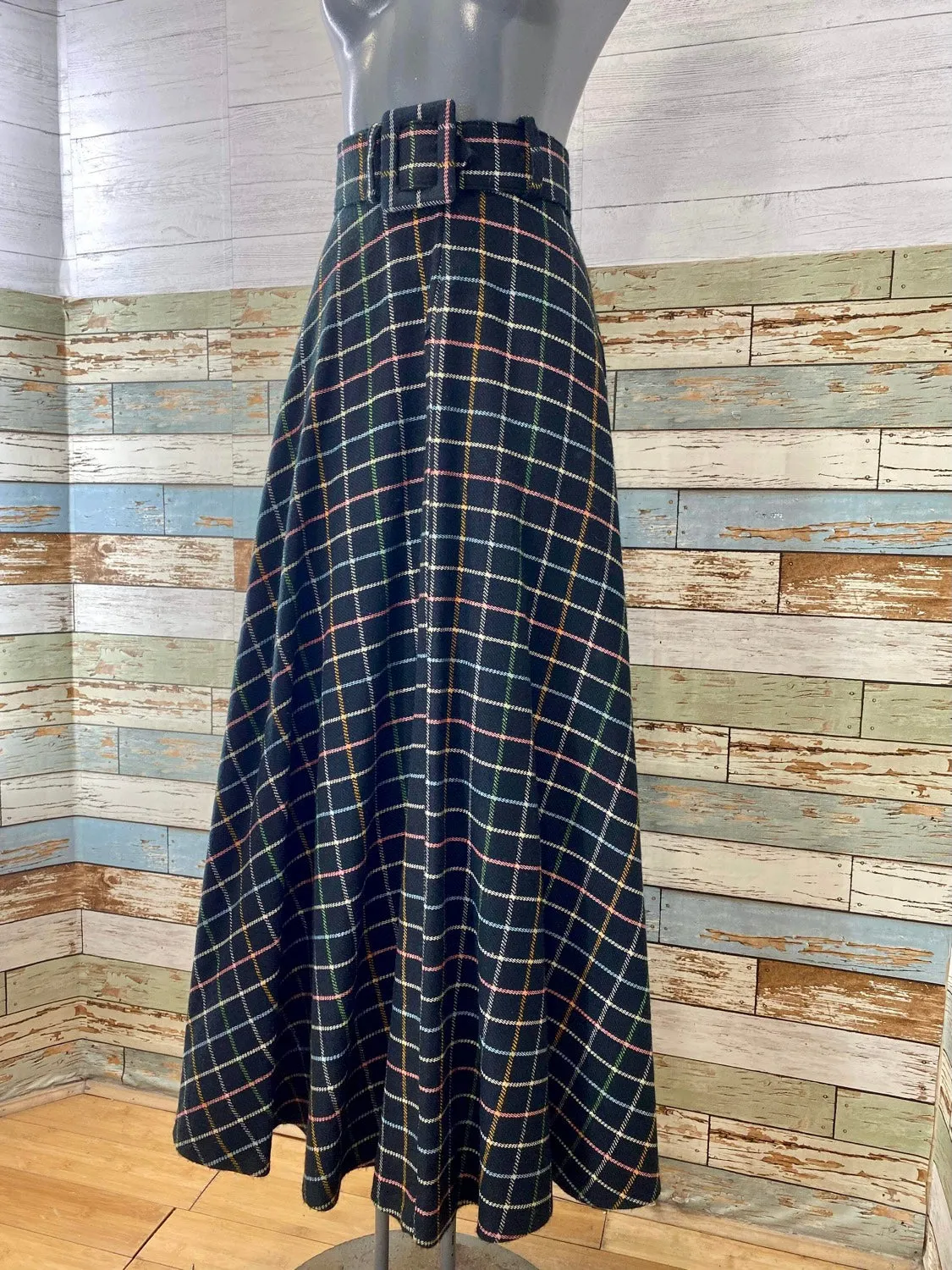 70s Black And Multicolor Plaid A-line Maxi Skirt