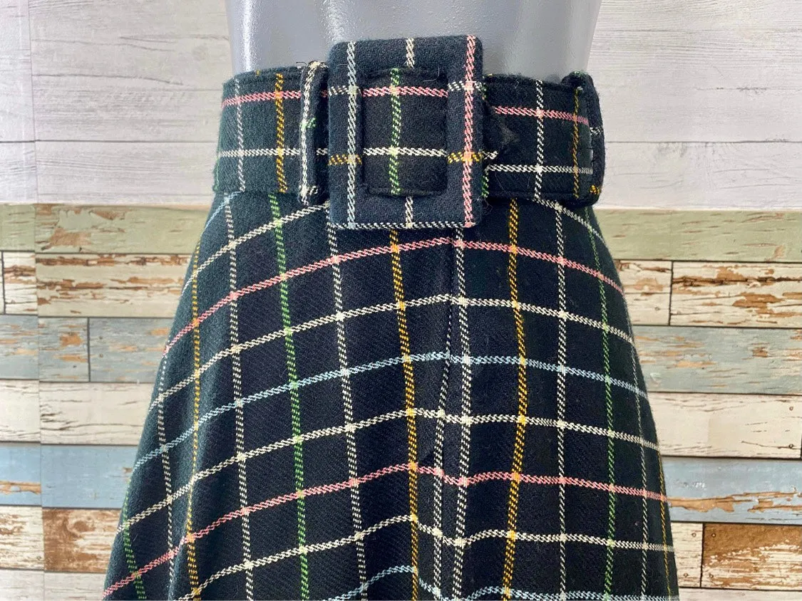 70s Black And Multicolor Plaid A-line Maxi Skirt