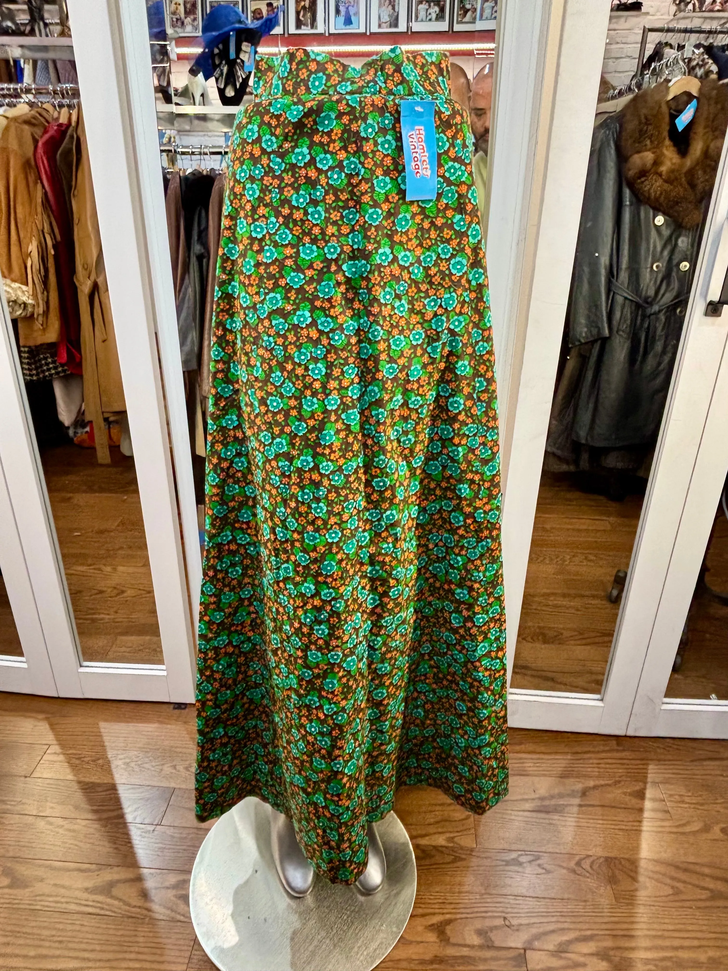 70’s Green Small Flower Print Maxi Skirt