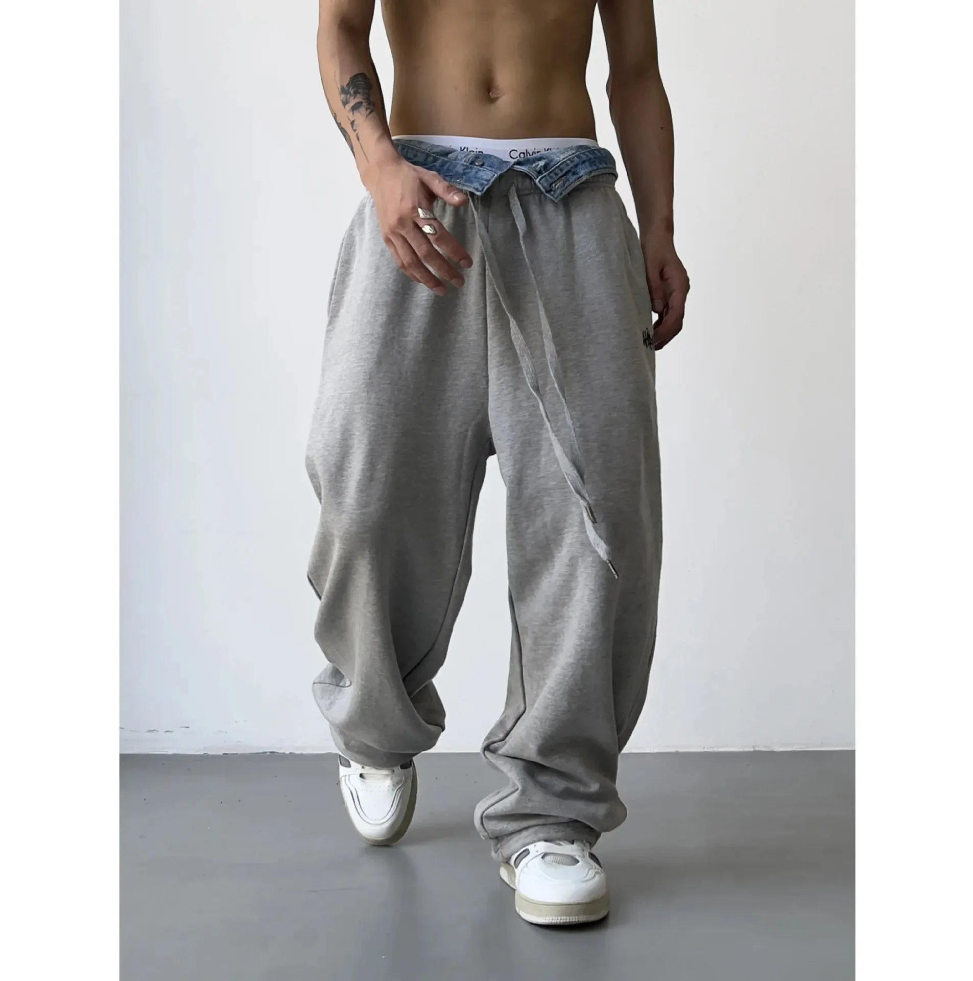 Aidase Hip Hop Grey Sweatpants Sports Pants Button Jean Elastic Waist Pants Loose Trousers Y2K Casual Sportwear Pants Joggers