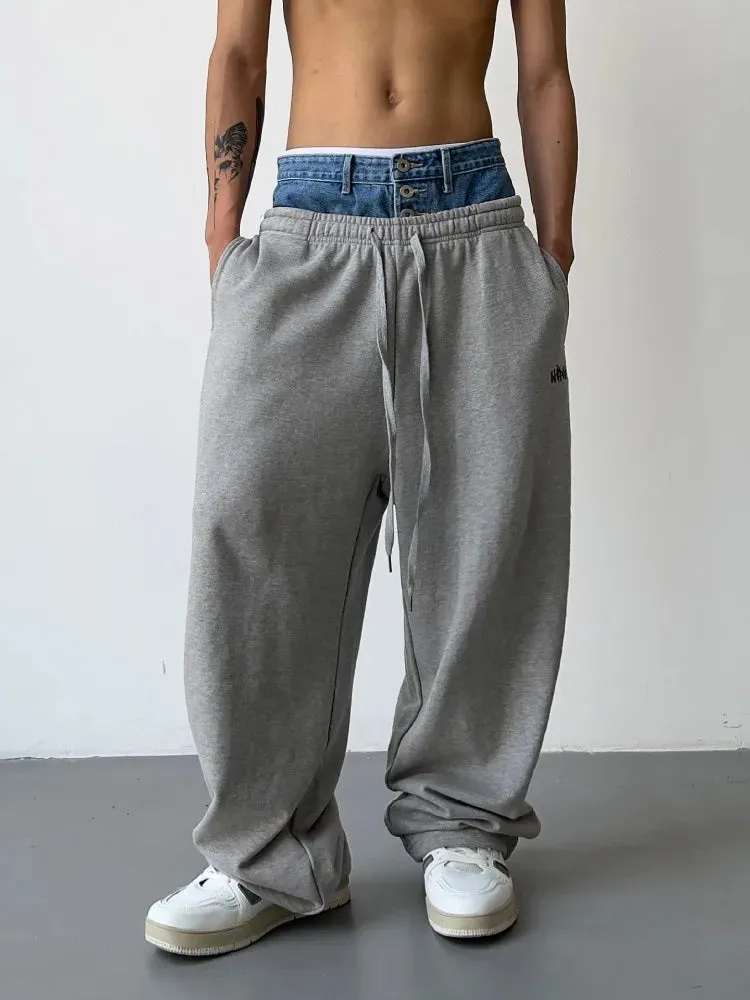 Aidase Hip Hop Grey Sweatpants Sports Pants Button Jean Elastic Waist Pants Loose Trousers Y2K Casual Sportwear Pants Joggers
