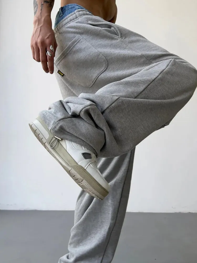 Aidase Hip Hop Grey Sweatpants Sports Pants Button Jean Elastic Waist Pants Loose Trousers Y2K Casual Sportwear Pants Joggers