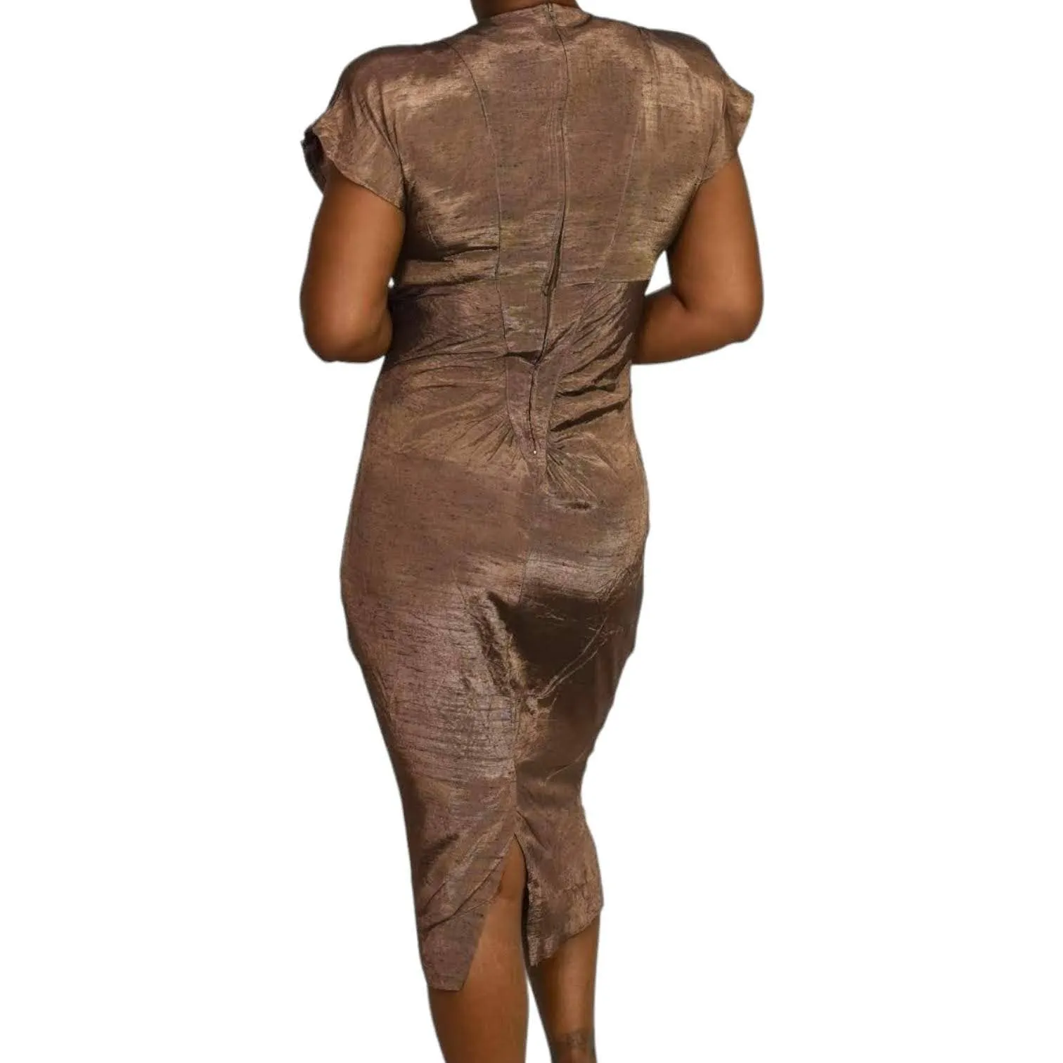 All That Jazz Dress Vintage Brown Bronze Metallic Shimmer 90s Slim Fitted Column Midi Size Small