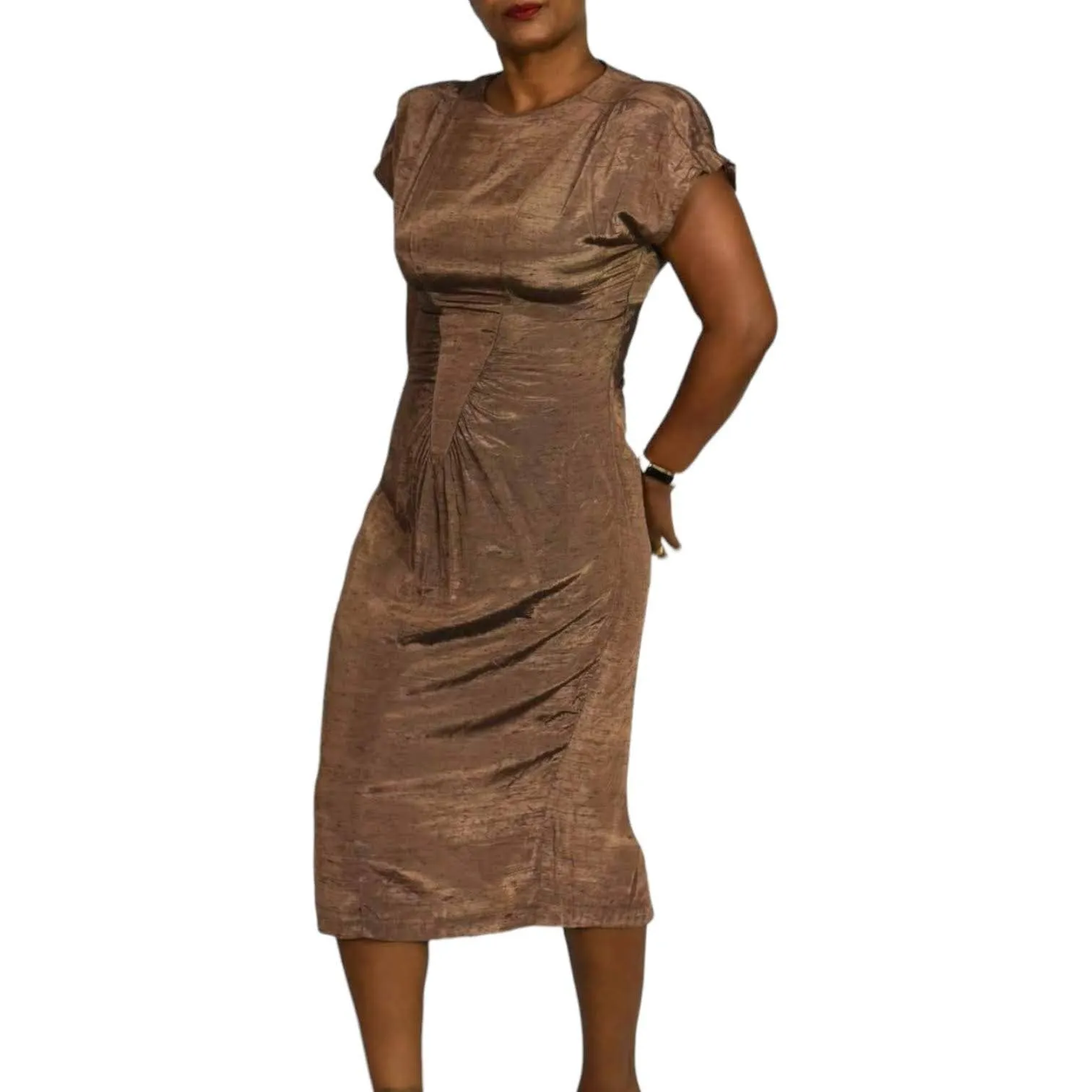 All That Jazz Dress Vintage Brown Bronze Metallic Shimmer 90s Slim Fitted Column Midi Size Small