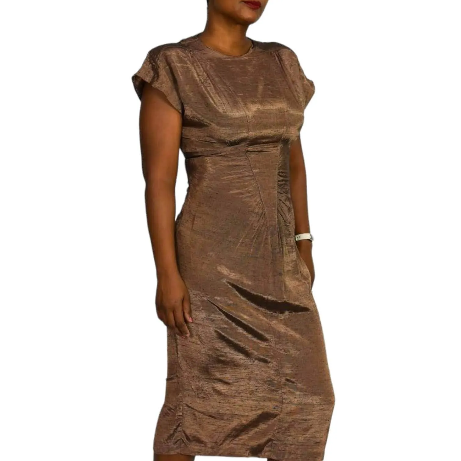 All That Jazz Dress Vintage Brown Bronze Metallic Shimmer 90s Slim Fitted Column Midi Size Small