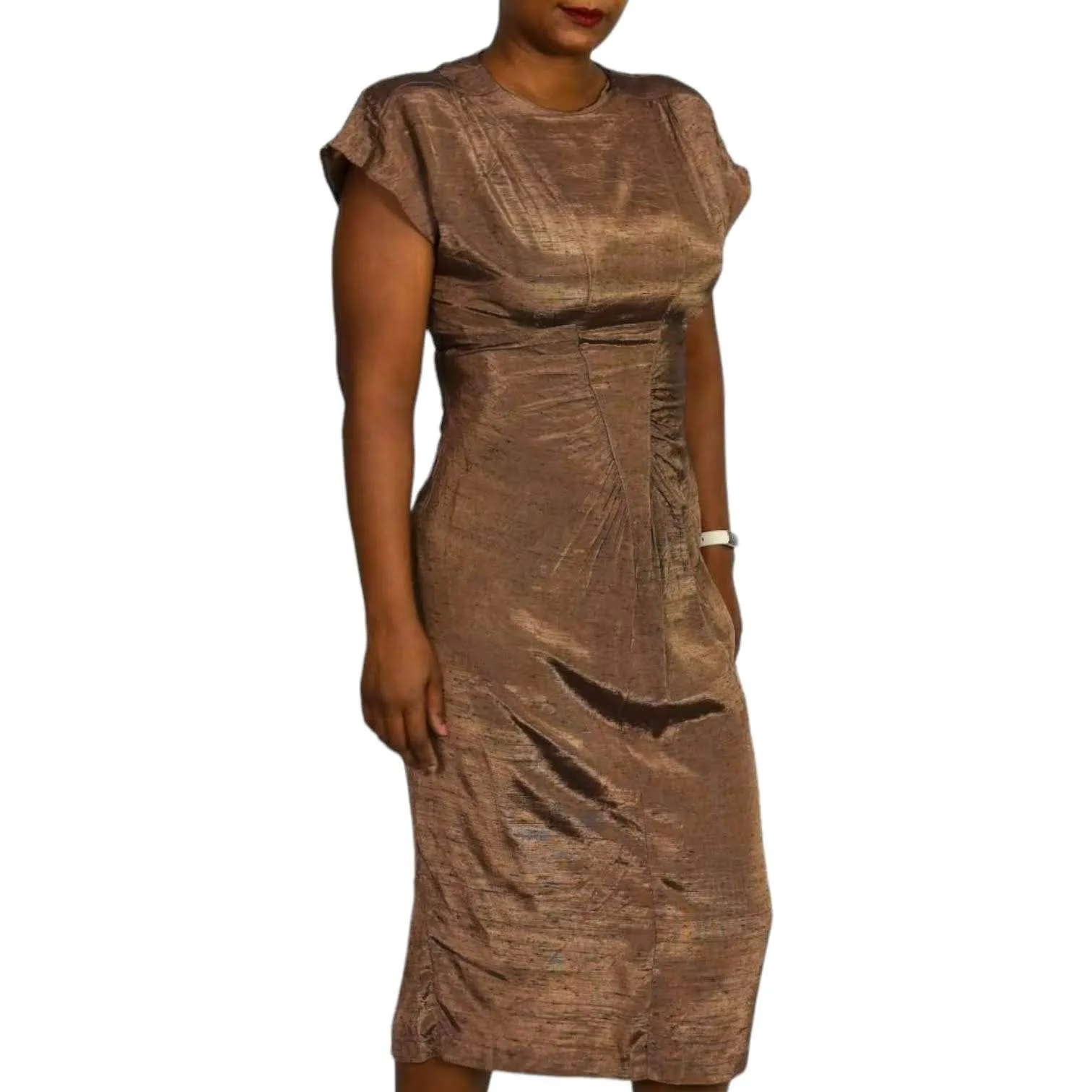 All That Jazz Dress Vintage Brown Bronze Metallic Shimmer 90s Slim Fitted Column Midi Size Small