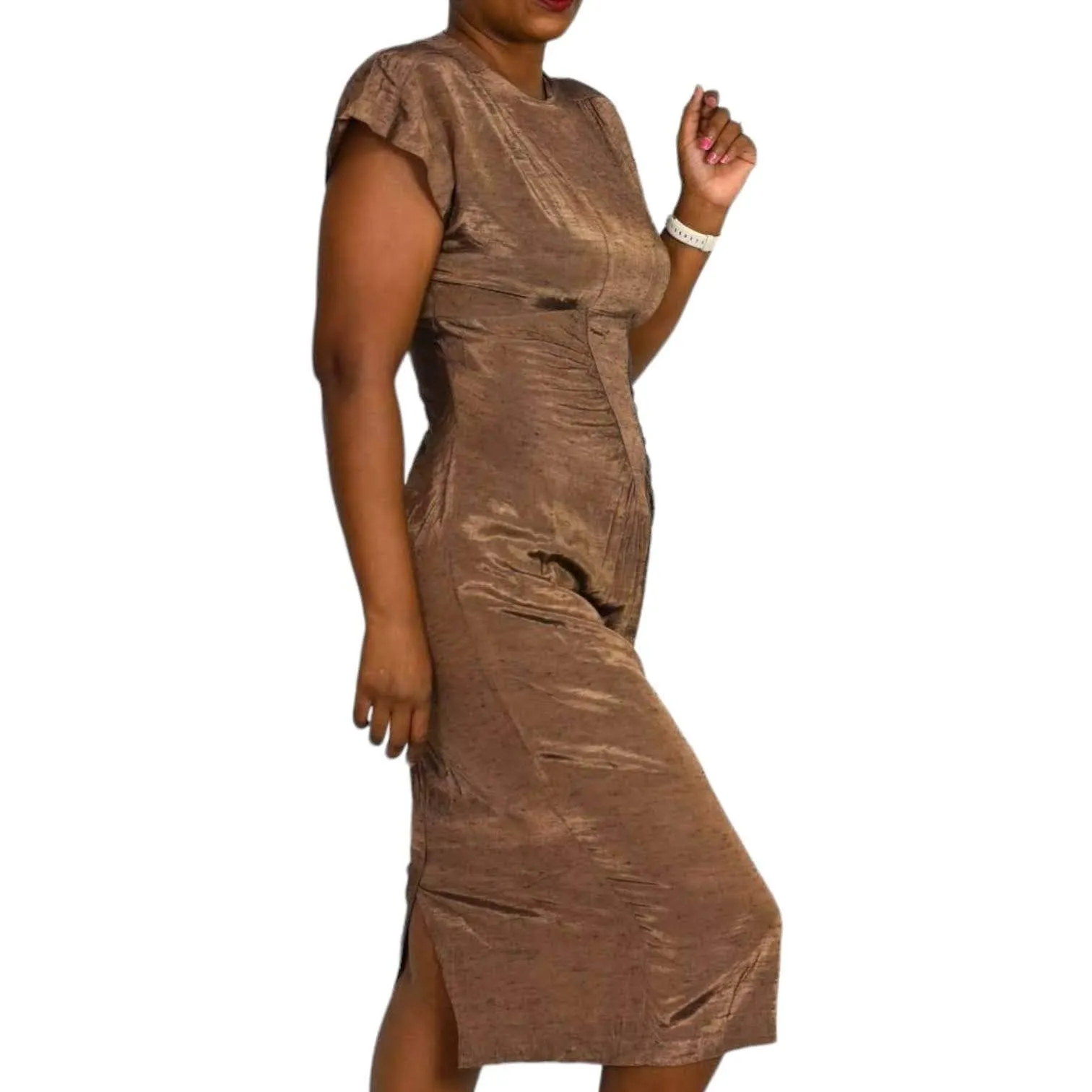 All That Jazz Dress Vintage Brown Bronze Metallic Shimmer 90s Slim Fitted Column Midi Size Small