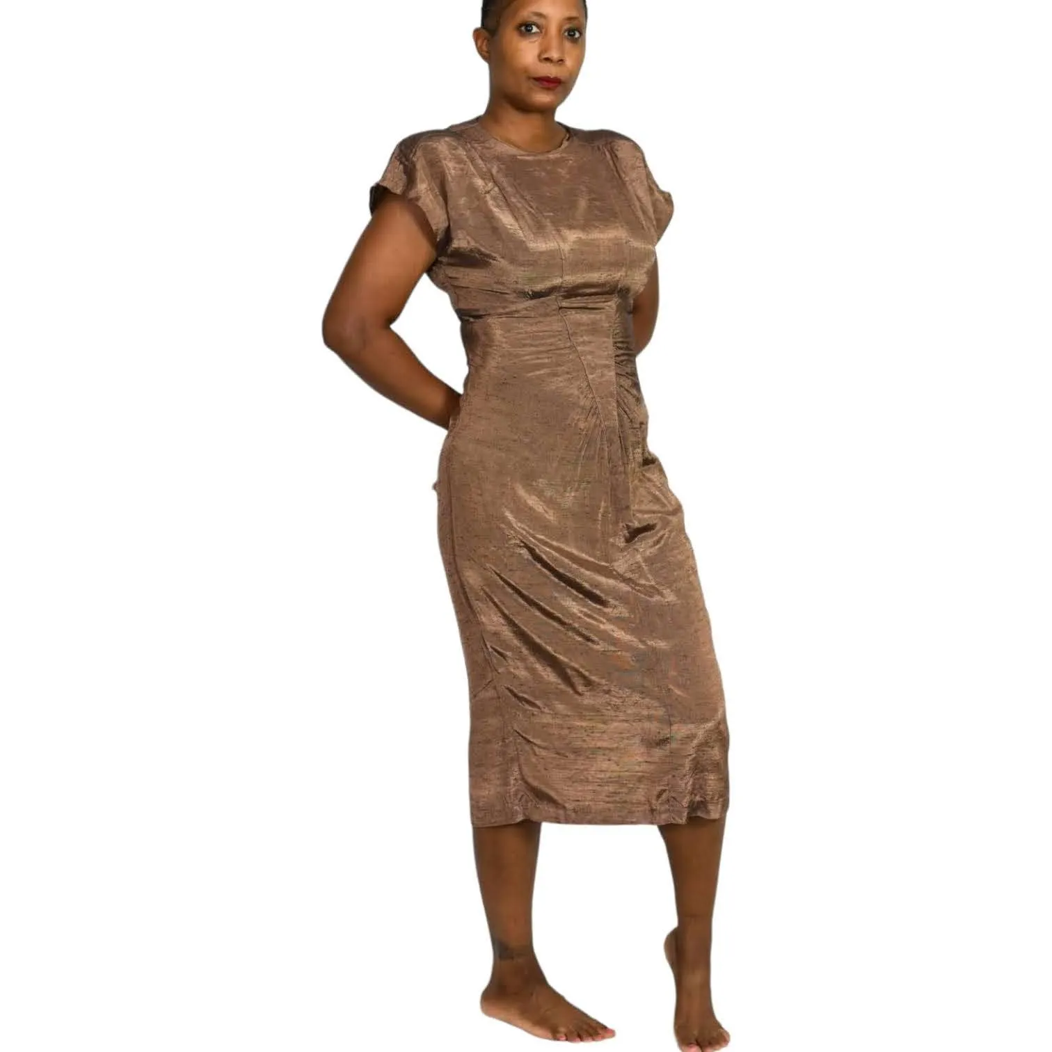 All That Jazz Dress Vintage Brown Bronze Metallic Shimmer 90s Slim Fitted Column Midi Size Small