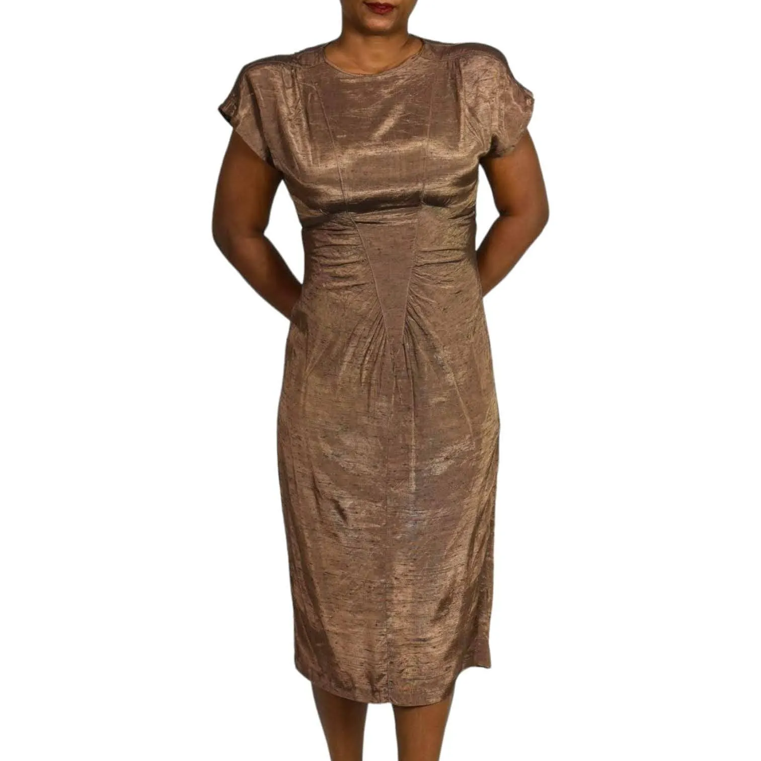 All That Jazz Dress Vintage Brown Bronze Metallic Shimmer 90s Slim Fitted Column Midi Size Small