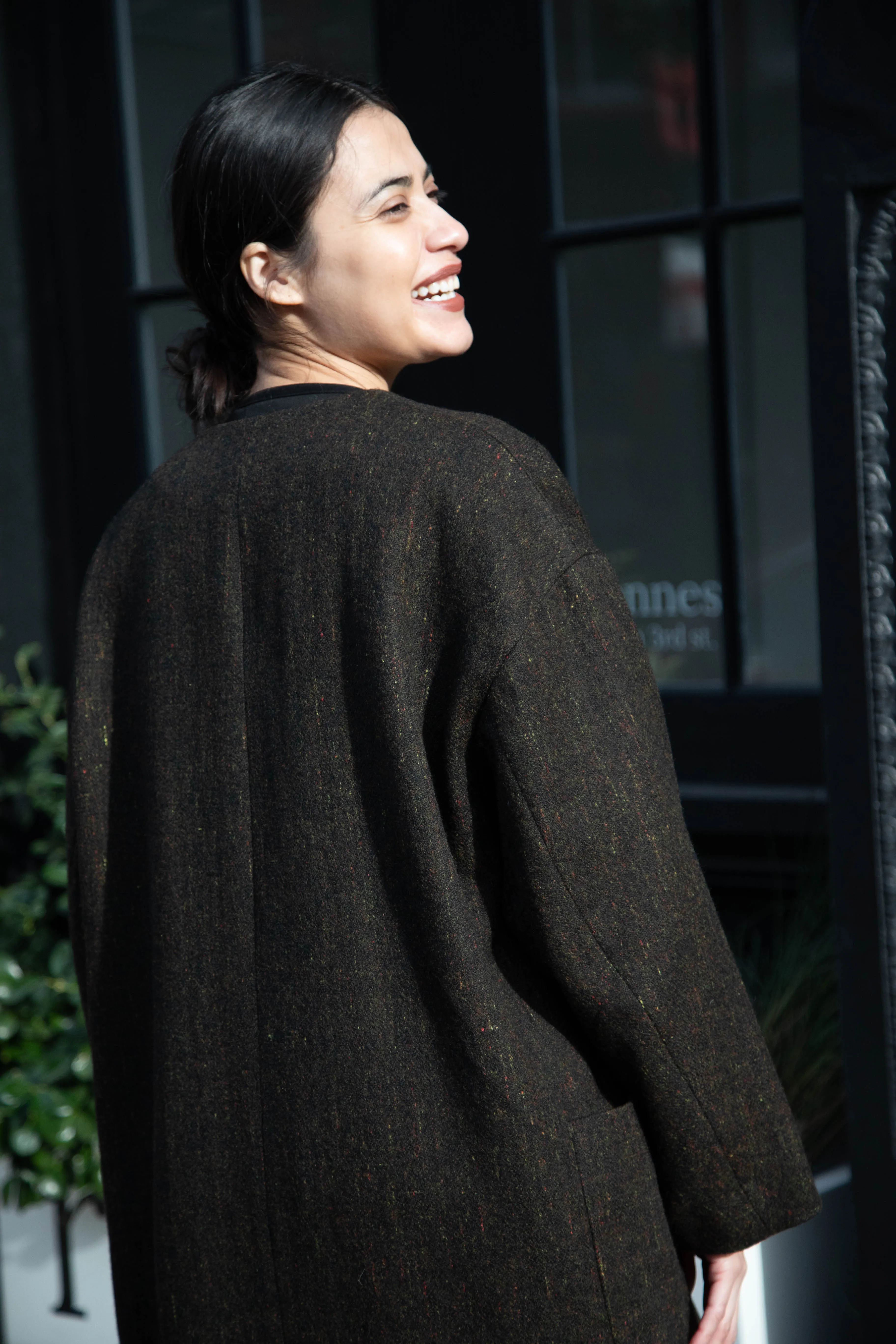 Arts & Science Tweed V-Neck Long Coat in Moss