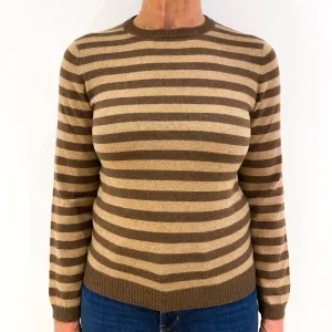 Beige Brown Striped Cashmere Crew Neck Jumper Medium