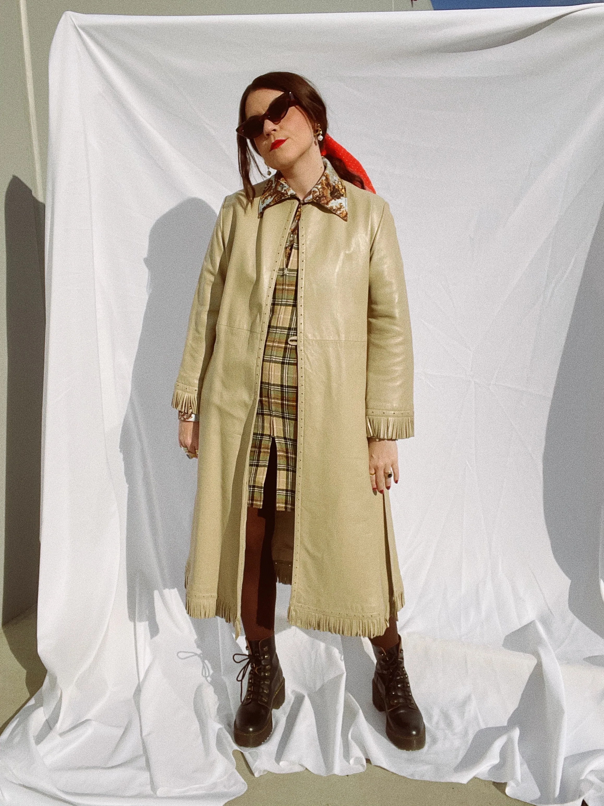 Beige Leather Wrap Coat with Fringe Trim