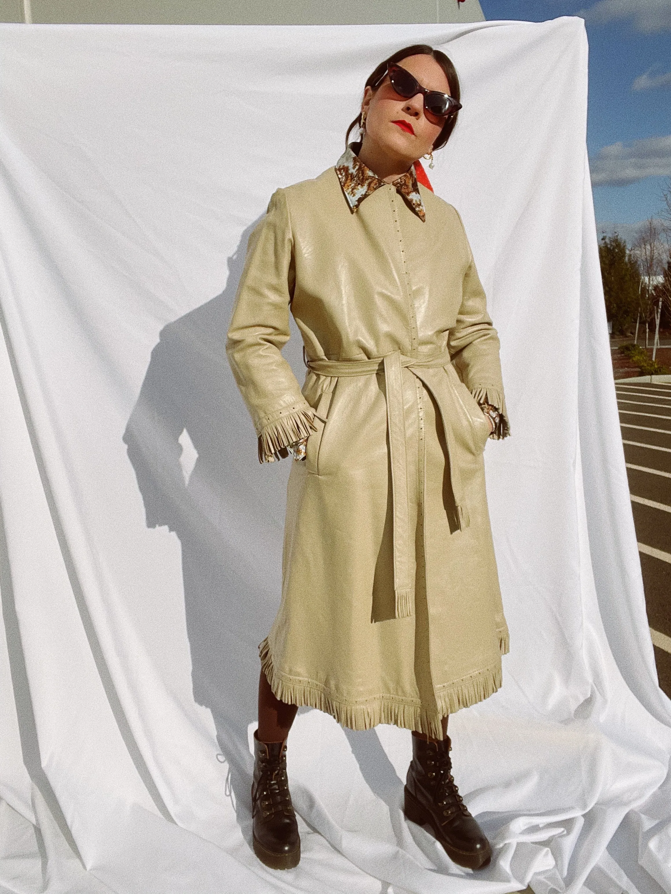 Beige Leather Wrap Coat with Fringe Trim