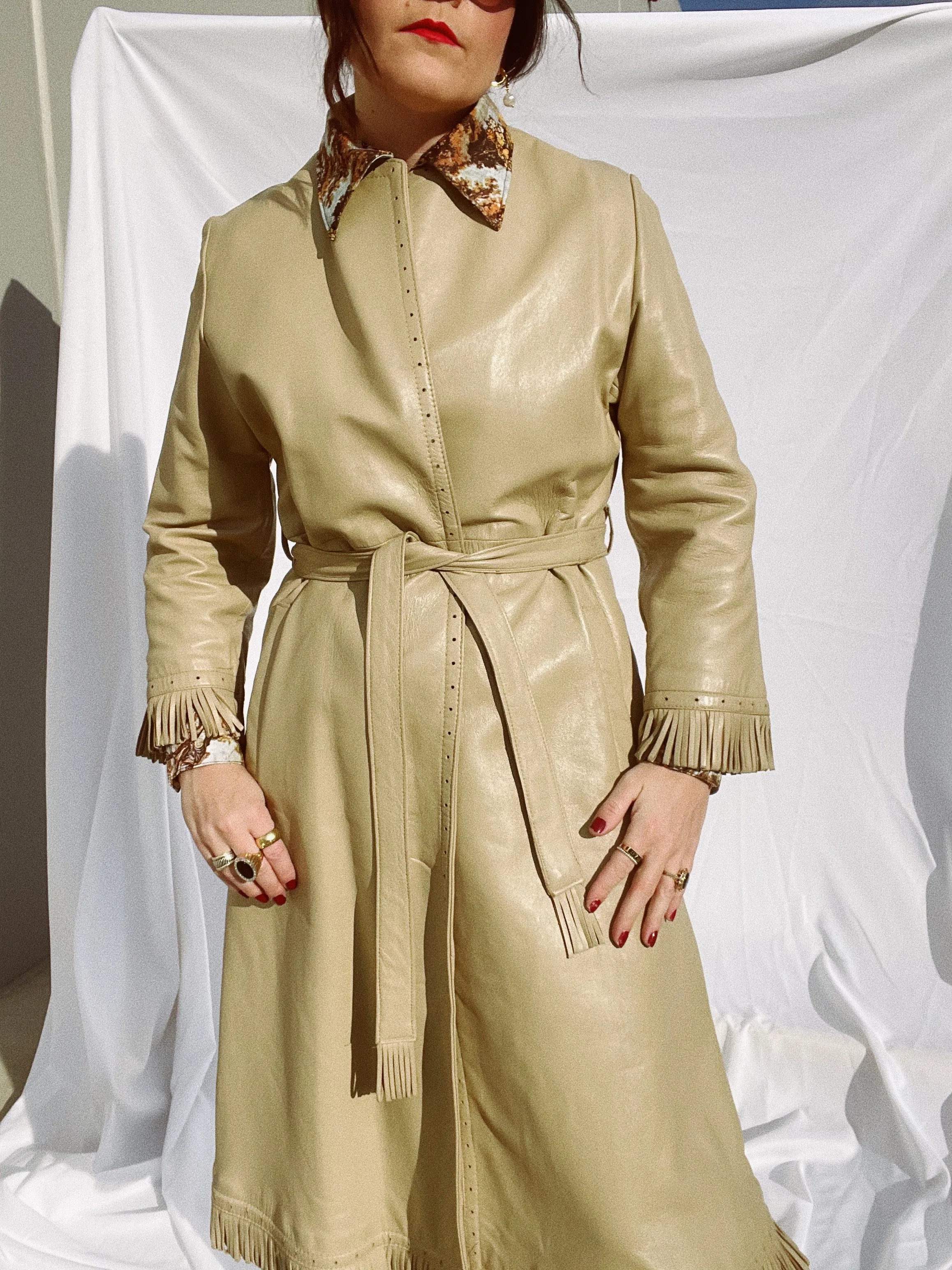 Beige Leather Wrap Coat with Fringe Trim