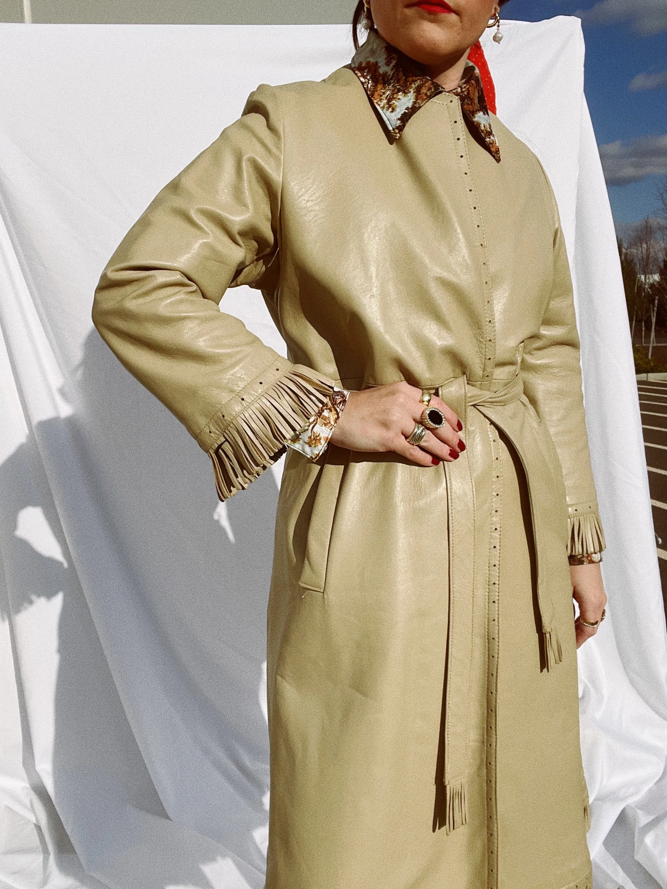 Beige Leather Wrap Coat with Fringe Trim