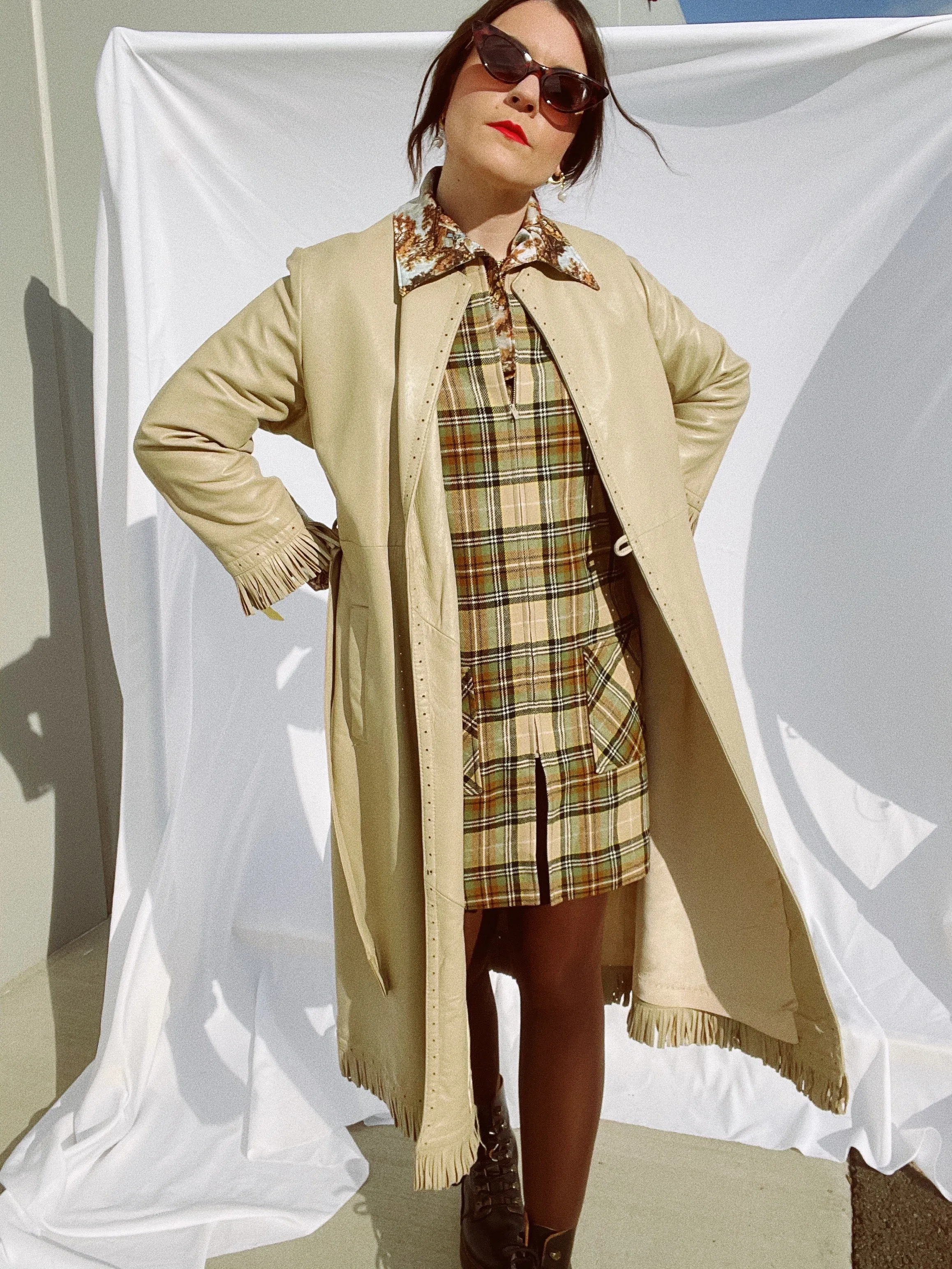 Beige Leather Wrap Coat with Fringe Trim