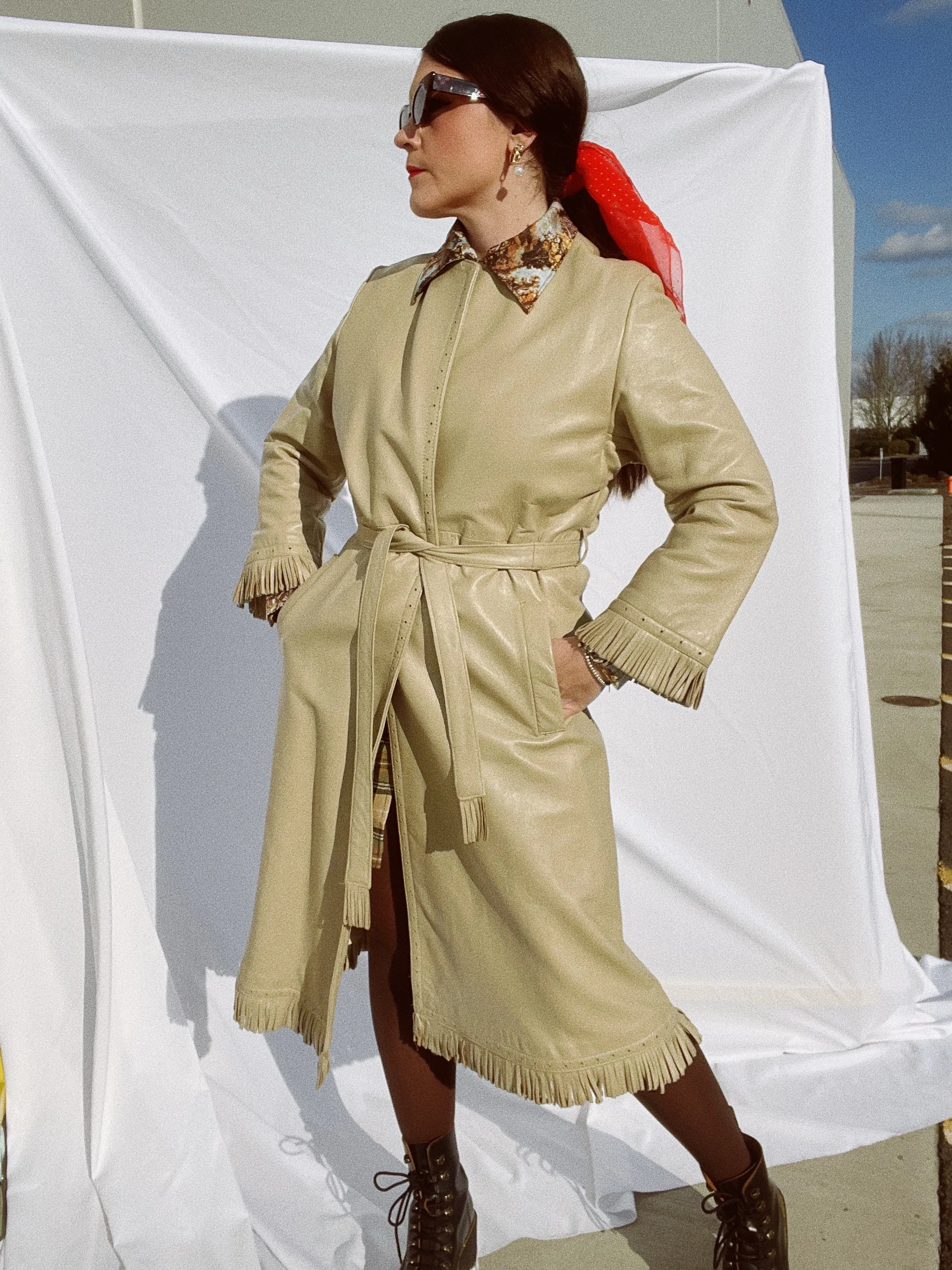 Beige Leather Wrap Coat with Fringe Trim