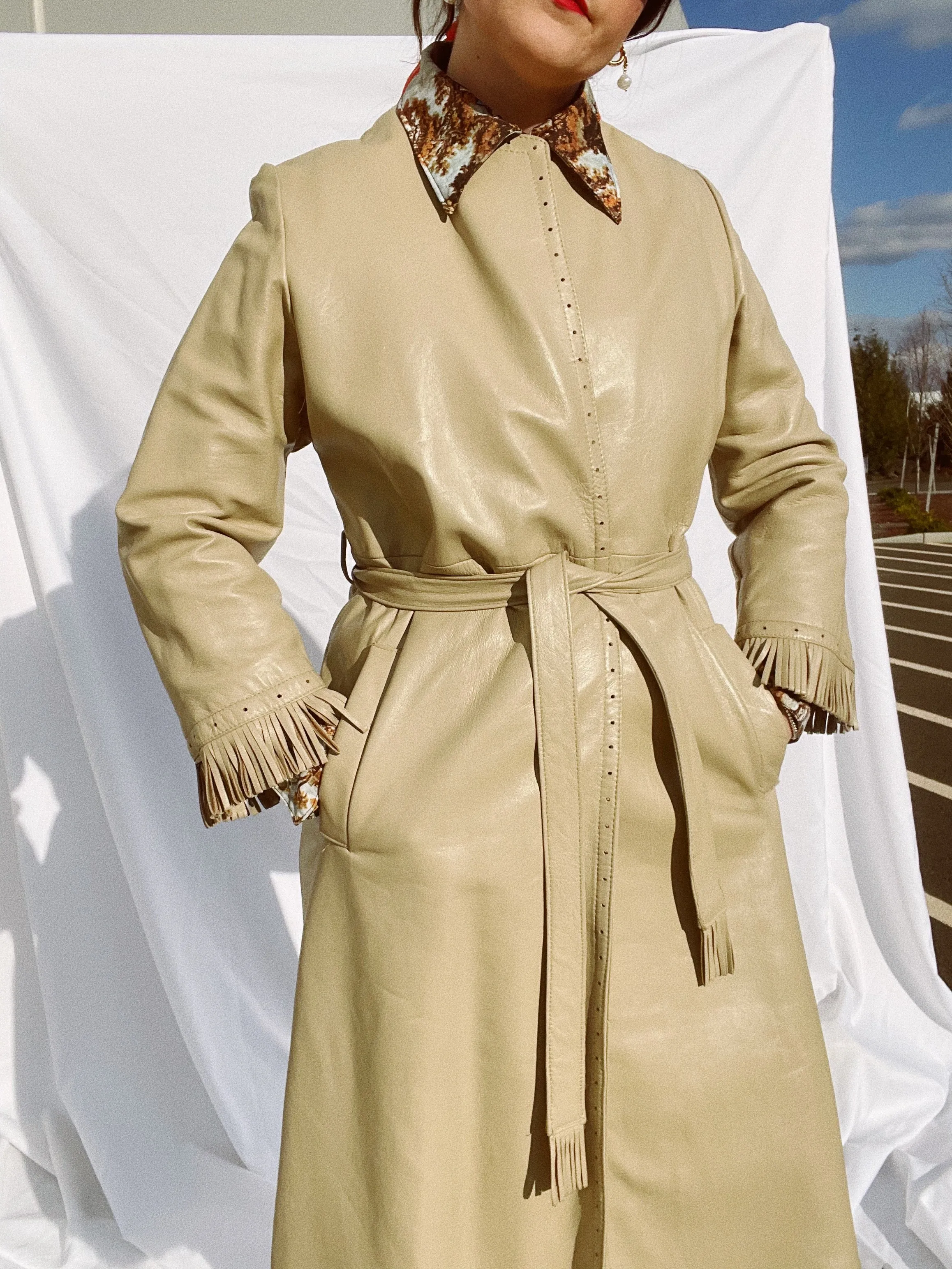 Beige Leather Wrap Coat with Fringe Trim