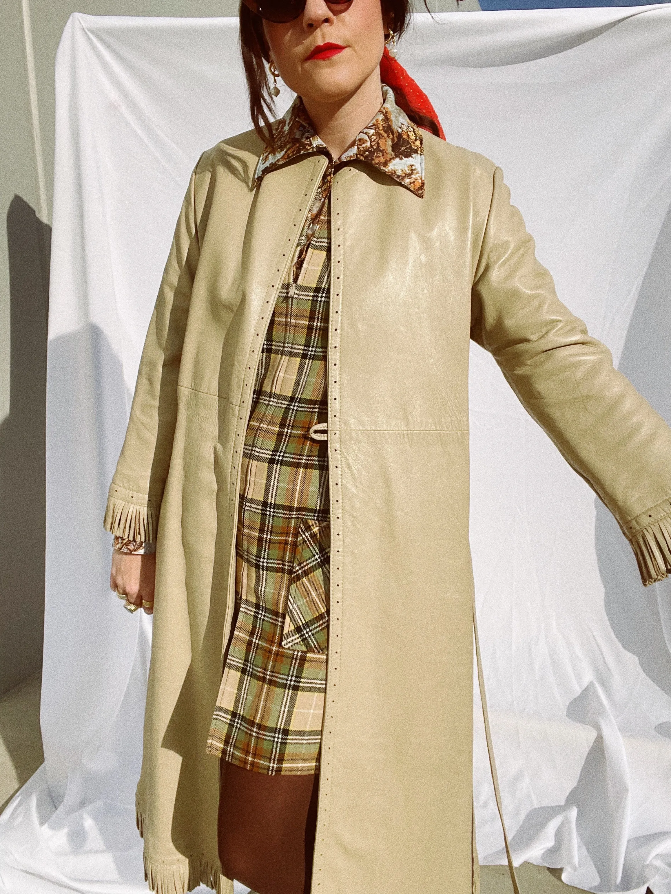 Beige Leather Wrap Coat with Fringe Trim