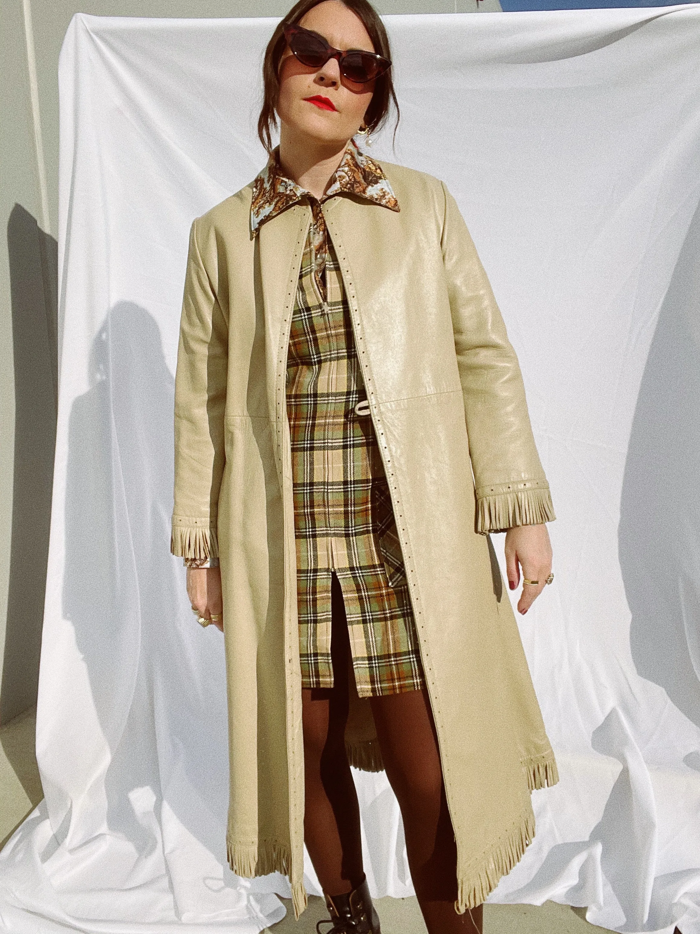 Beige Leather Wrap Coat with Fringe Trim
