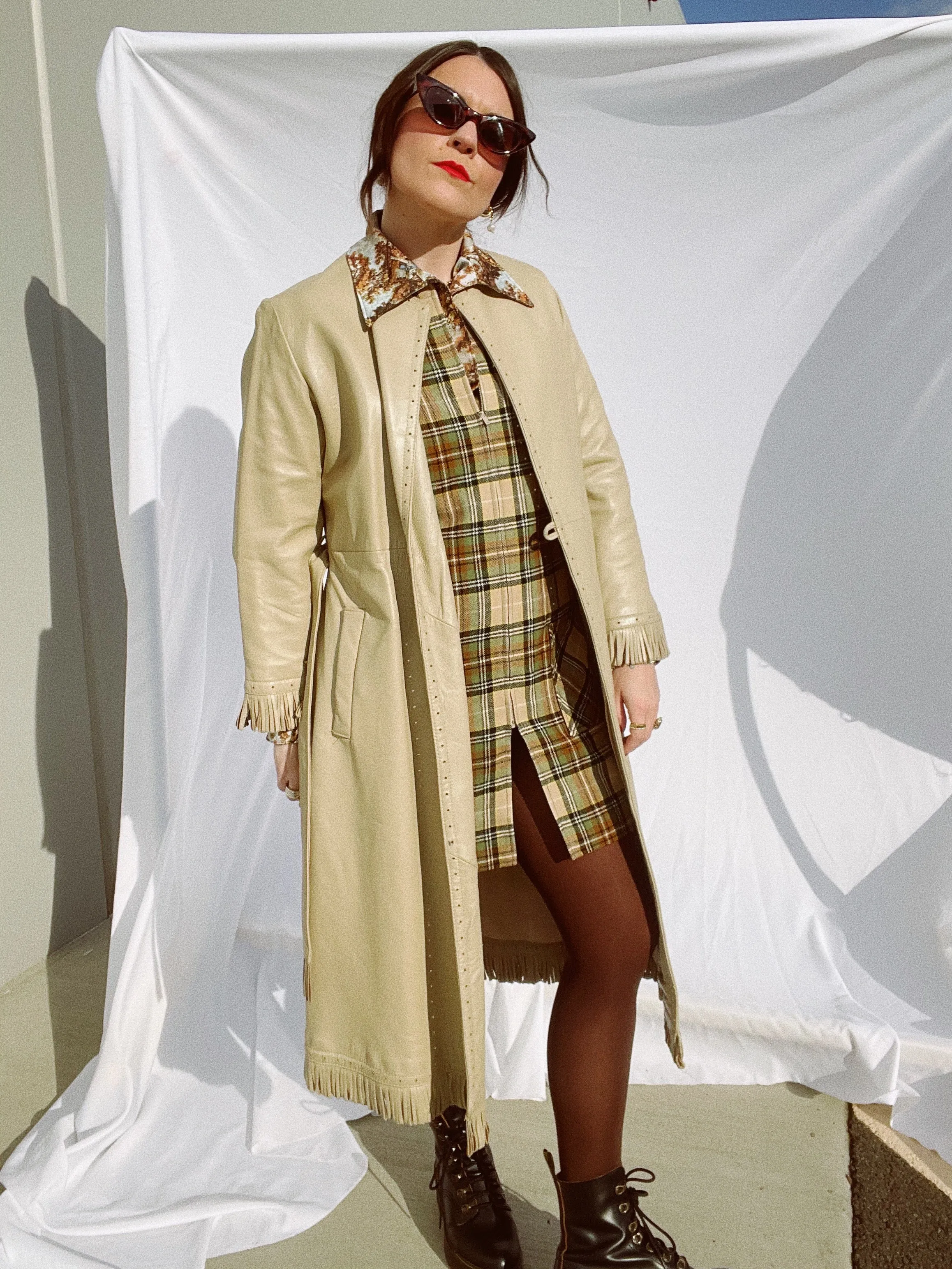 Beige Leather Wrap Coat with Fringe Trim