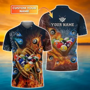 Billiard Personalized Name 3D Polo Shirt, Water and Fire Billiard All Over Printed Shirt