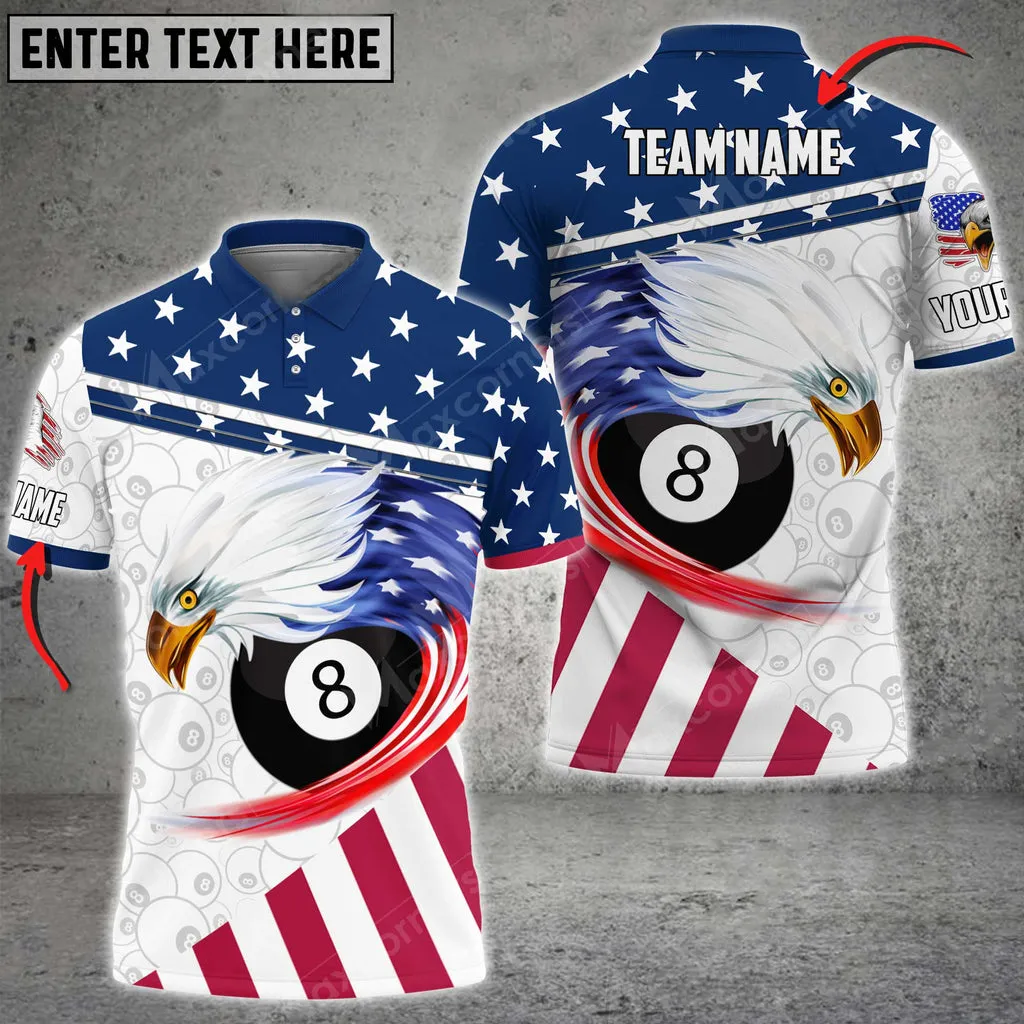 Billiards Curved Eagle US Flag Customized Name, Team Name 3D Polo Shirt Multicolor Options