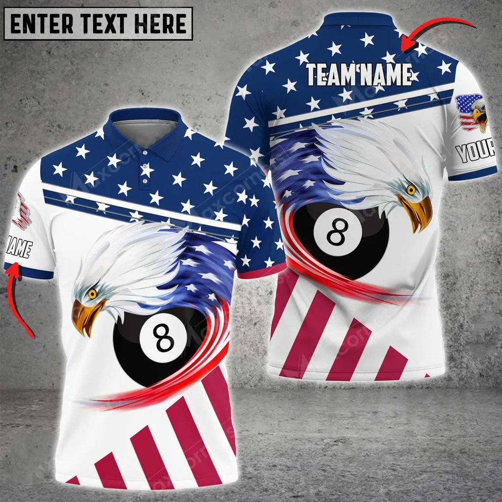 Billiards Curved Eagle US Flag Customized Name, Team Name 3D Polo Shirt Multicolor Options