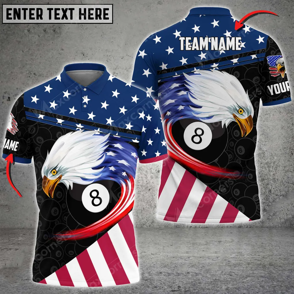 Billiards Curved Eagle US Flag Customized Name, Team Name 3D Polo Shirt Multicolor Options
