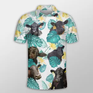 Black Angus In Tropical Leaves Pattern Button Polo Shirt, Idea Shirt for Cow Farmer