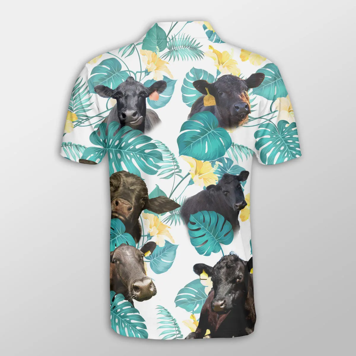 Black Angus In Tropical Leaves Pattern Button Polo Shirt, Idea Shirt for Cow Farmer