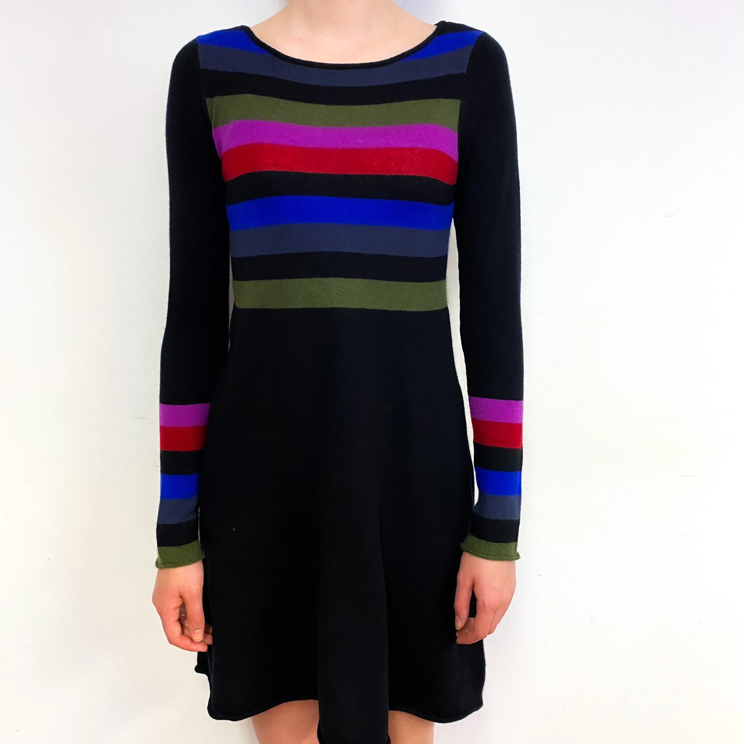 Black Colourful Stripe Cashmere Crew Neck Dress Extra Small