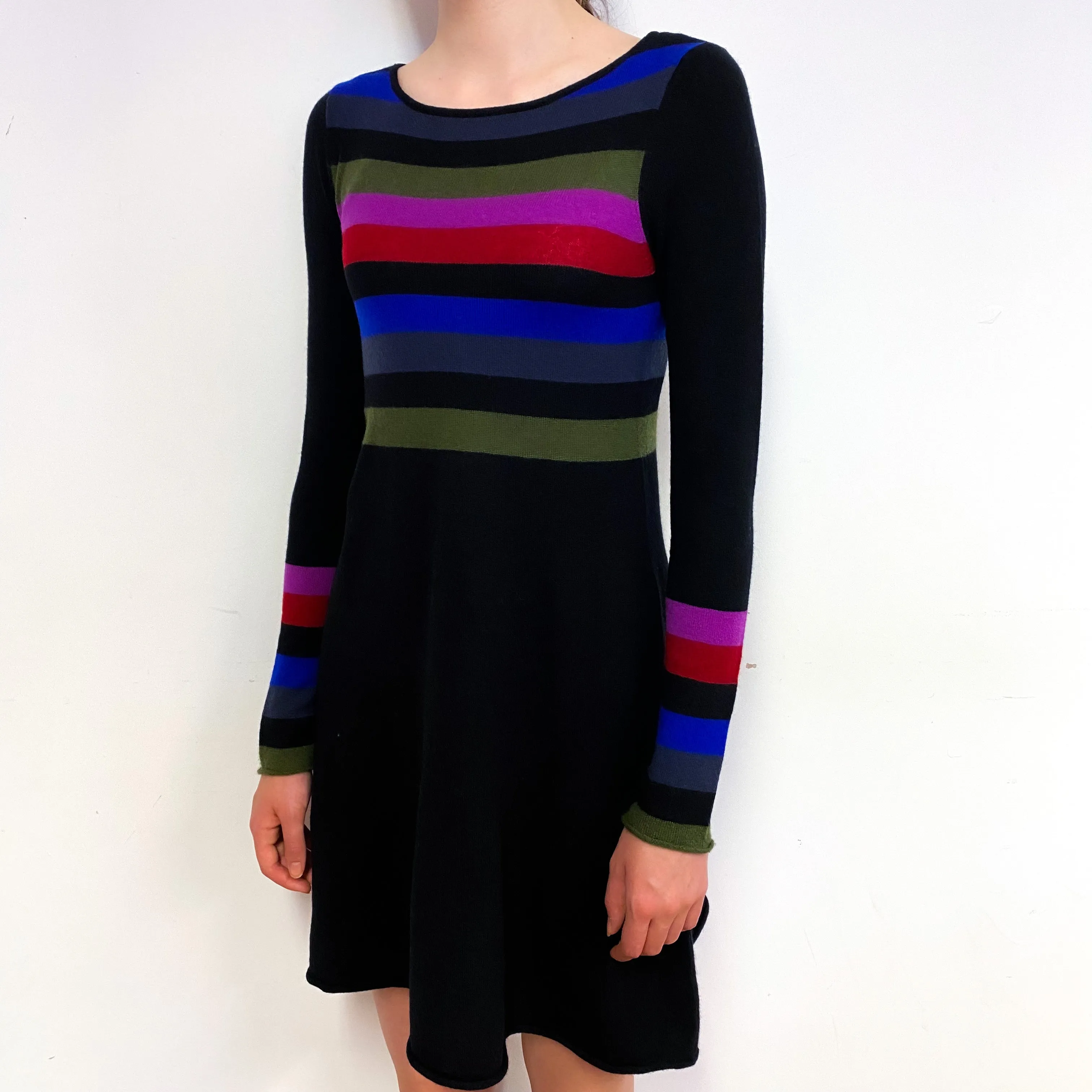 Black Colourful Stripe Cashmere Crew Neck Dress Extra Small