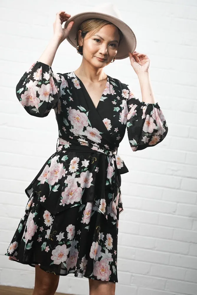 Black floral print short dress | FLORA DRESS