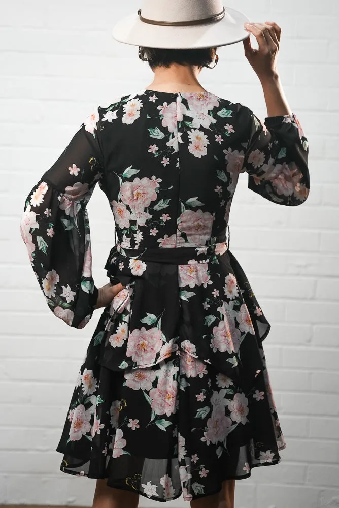 Black floral print short dress | FLORA DRESS
