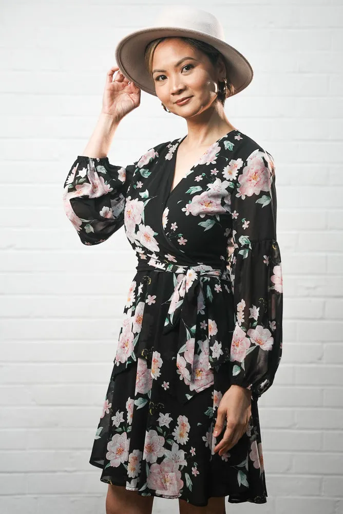 Black floral print short dress | FLORA DRESS