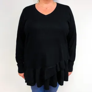 Black Frill Hem Cashmere V-Neck Jumper XXL