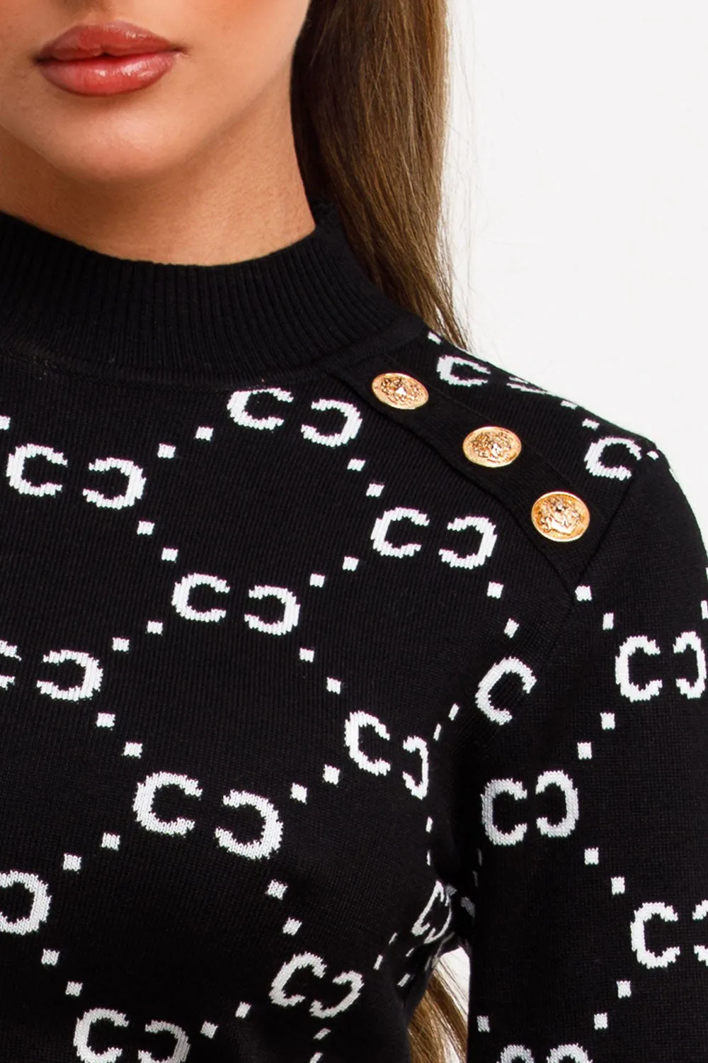 Black Knitted Jumper With Gold Button CC Print