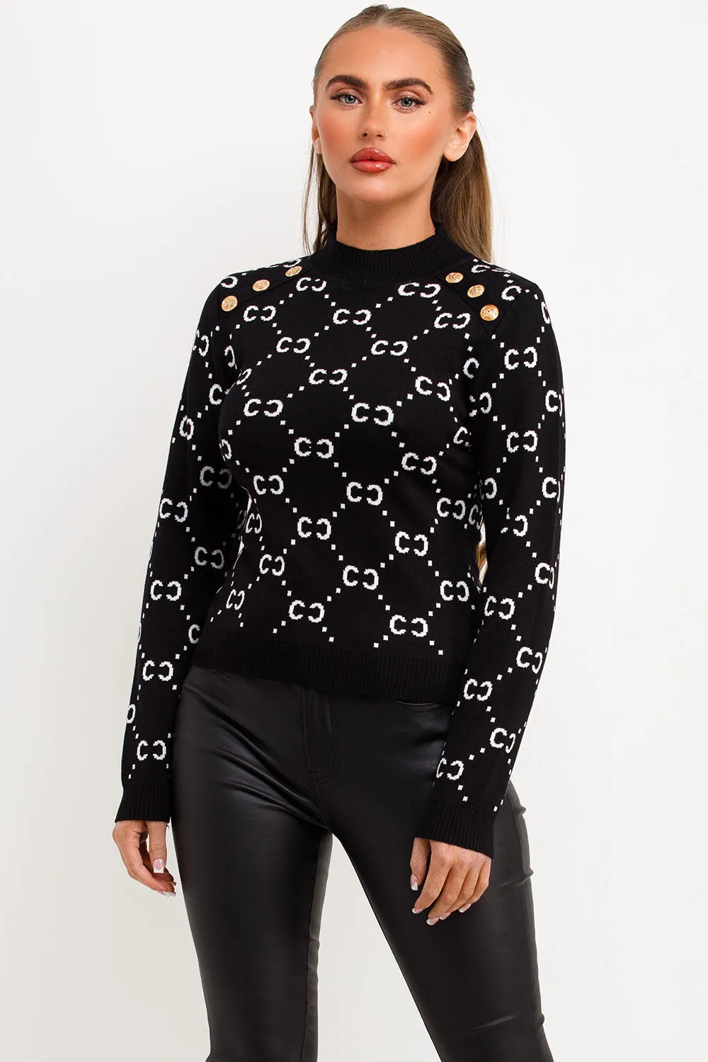 Black Knitted Jumper With Gold Button CC Print