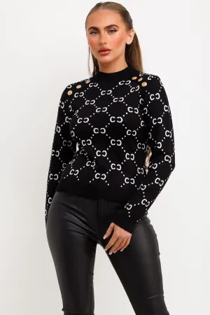 Black Knitted Jumper With Gold Button CC Print
