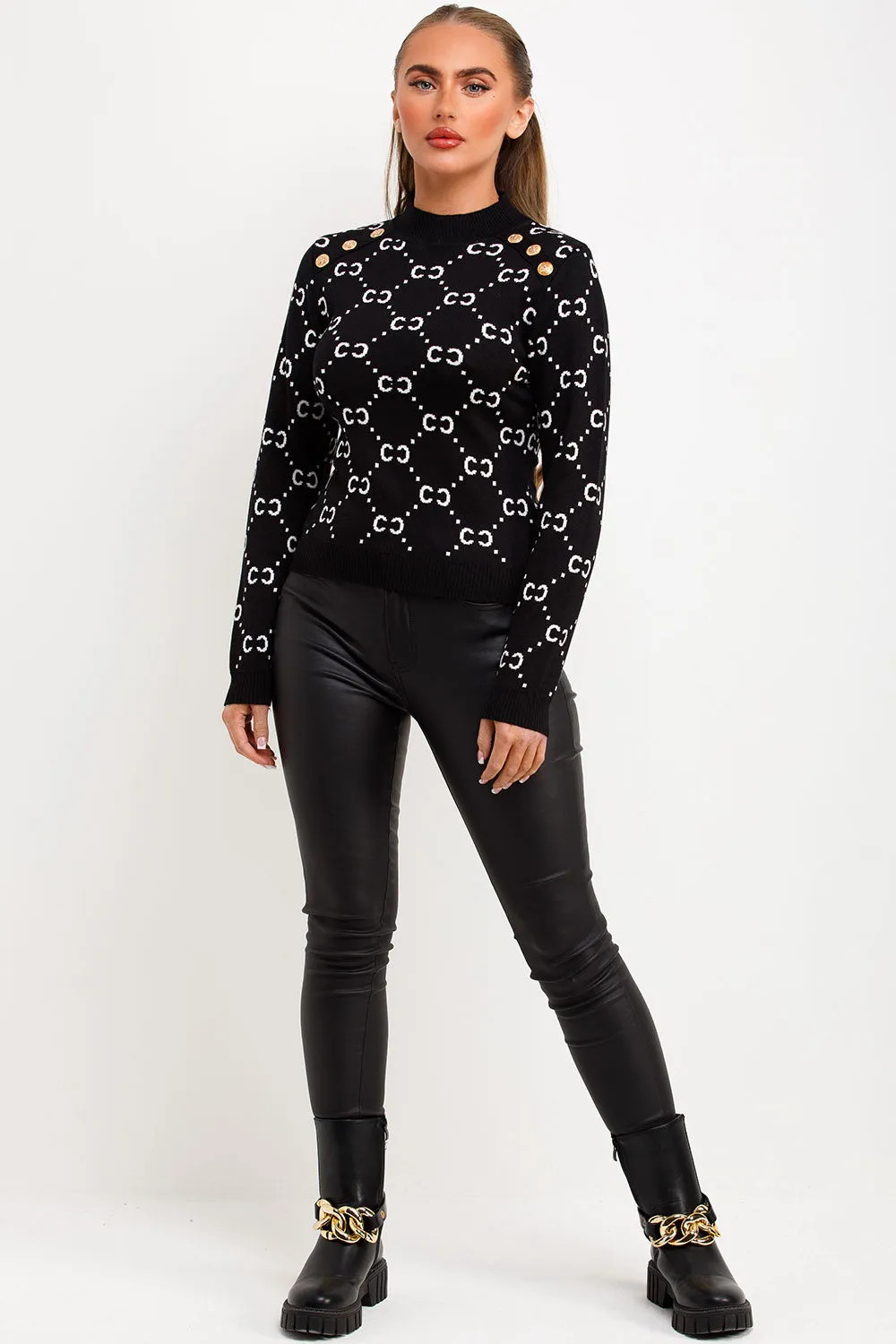 Black Knitted Jumper With Gold Button CC Print