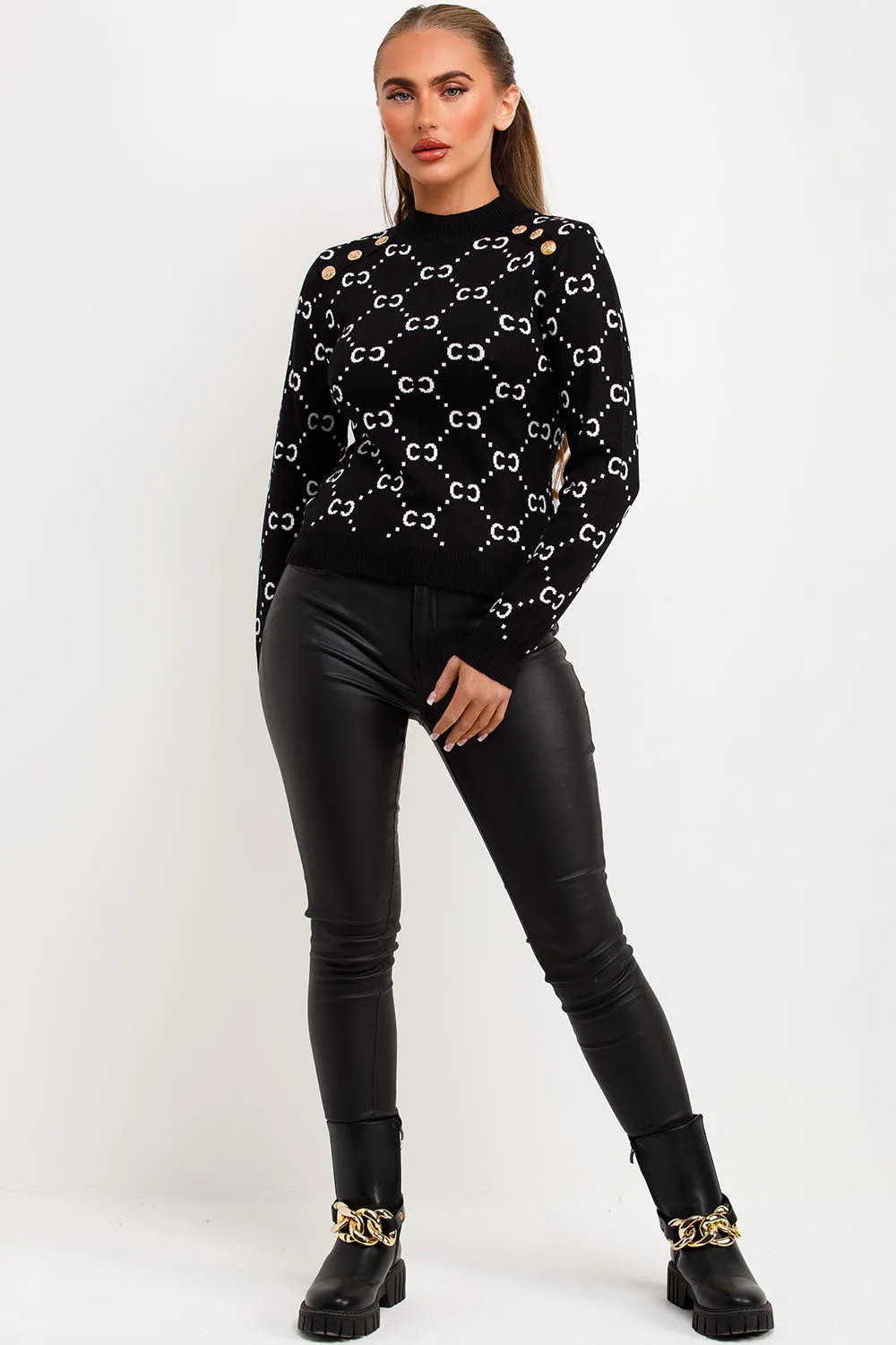 Black Knitted Jumper With Gold Button CC Print