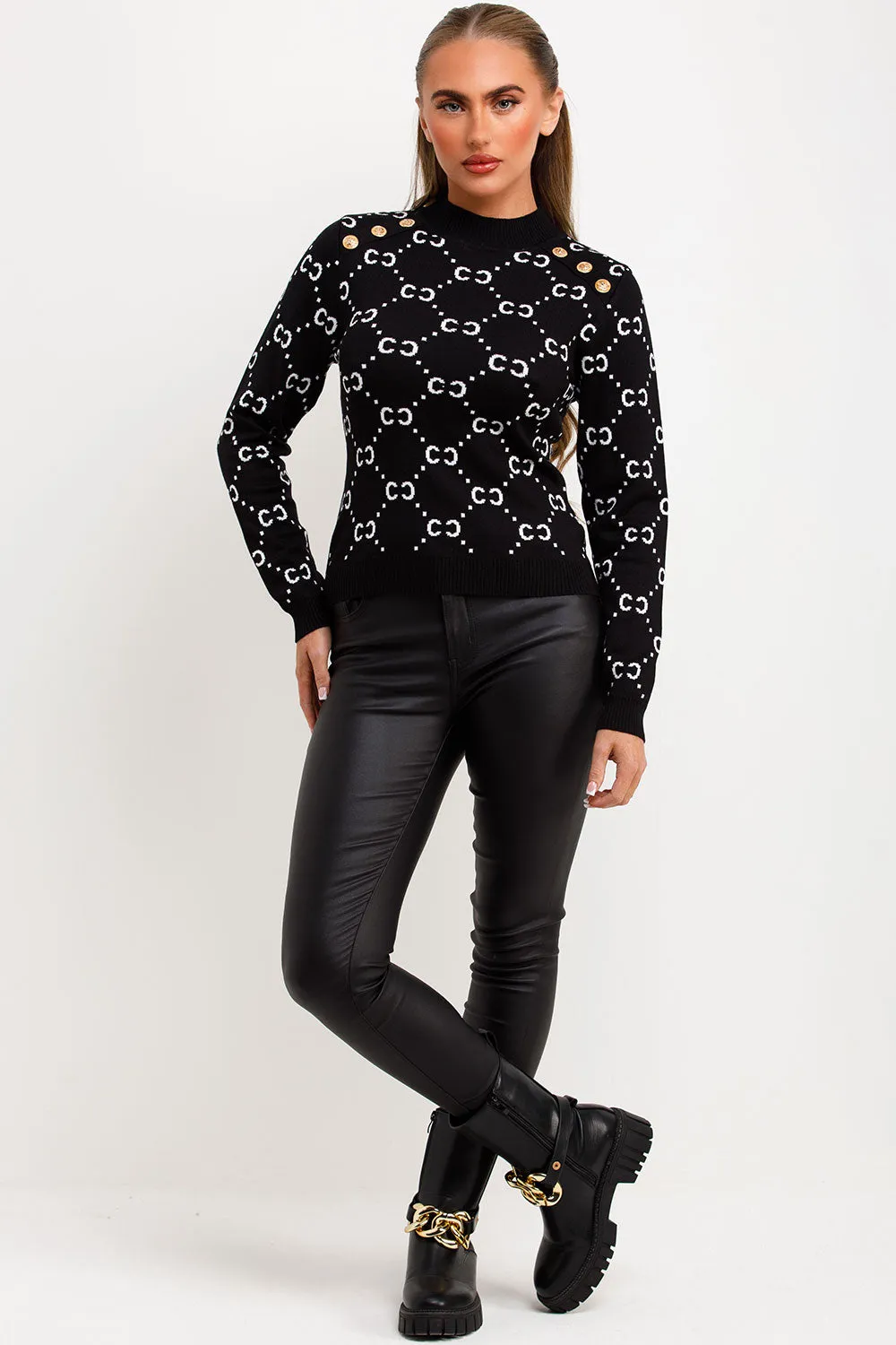 Black Knitted Jumper With Gold Button CC Print