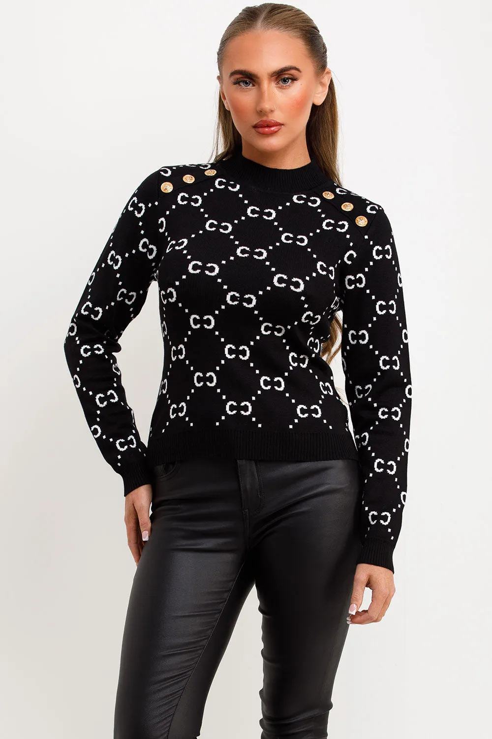 Black Knitted Jumper With Gold Button CC Print