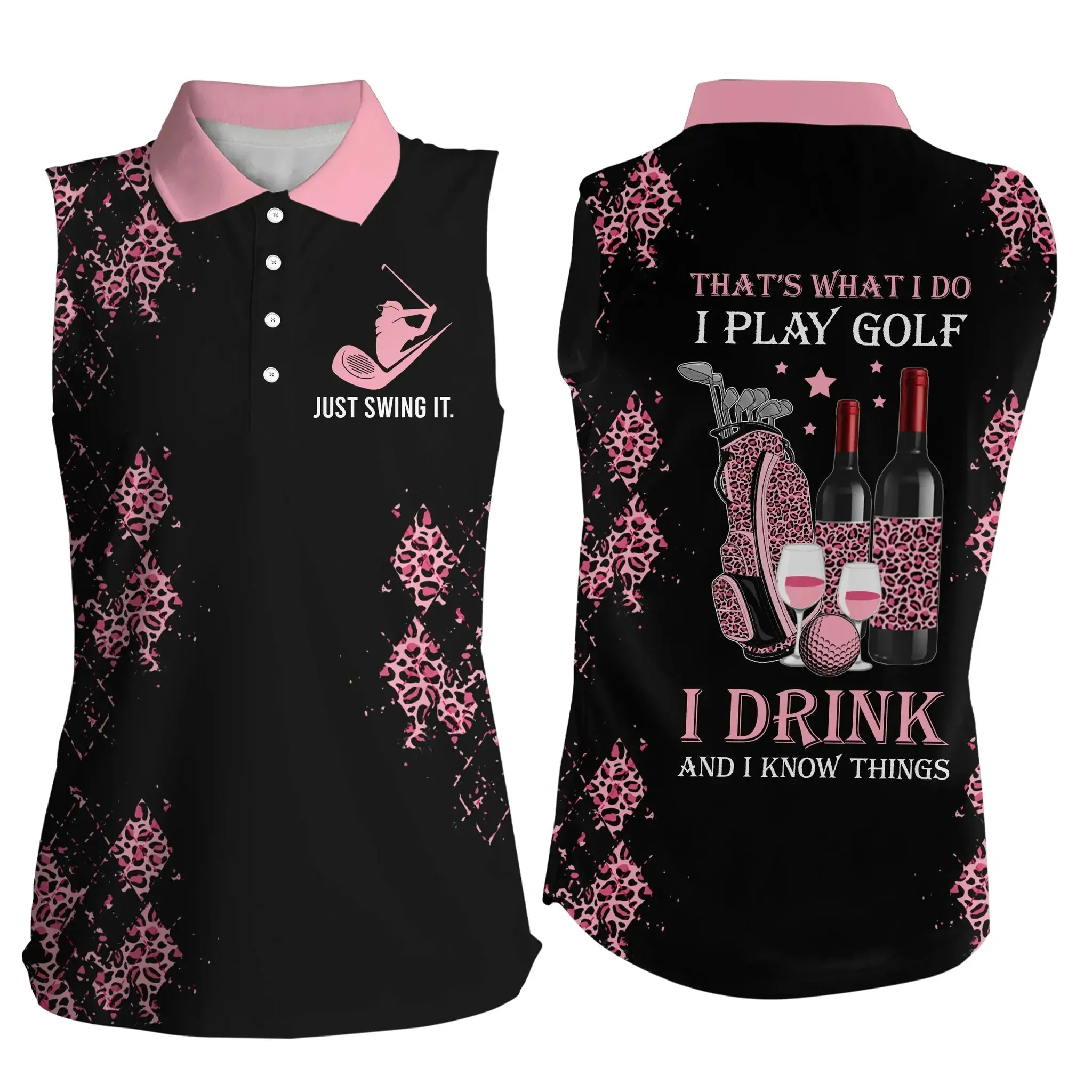 Black pink leopard Womens sleeveless polo shirt, funny golf wine That's what I do, I play golf I drink