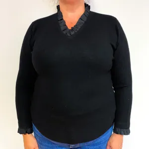 Black Ruffle Trim Cashmere V-Neck Jumper Extra Large